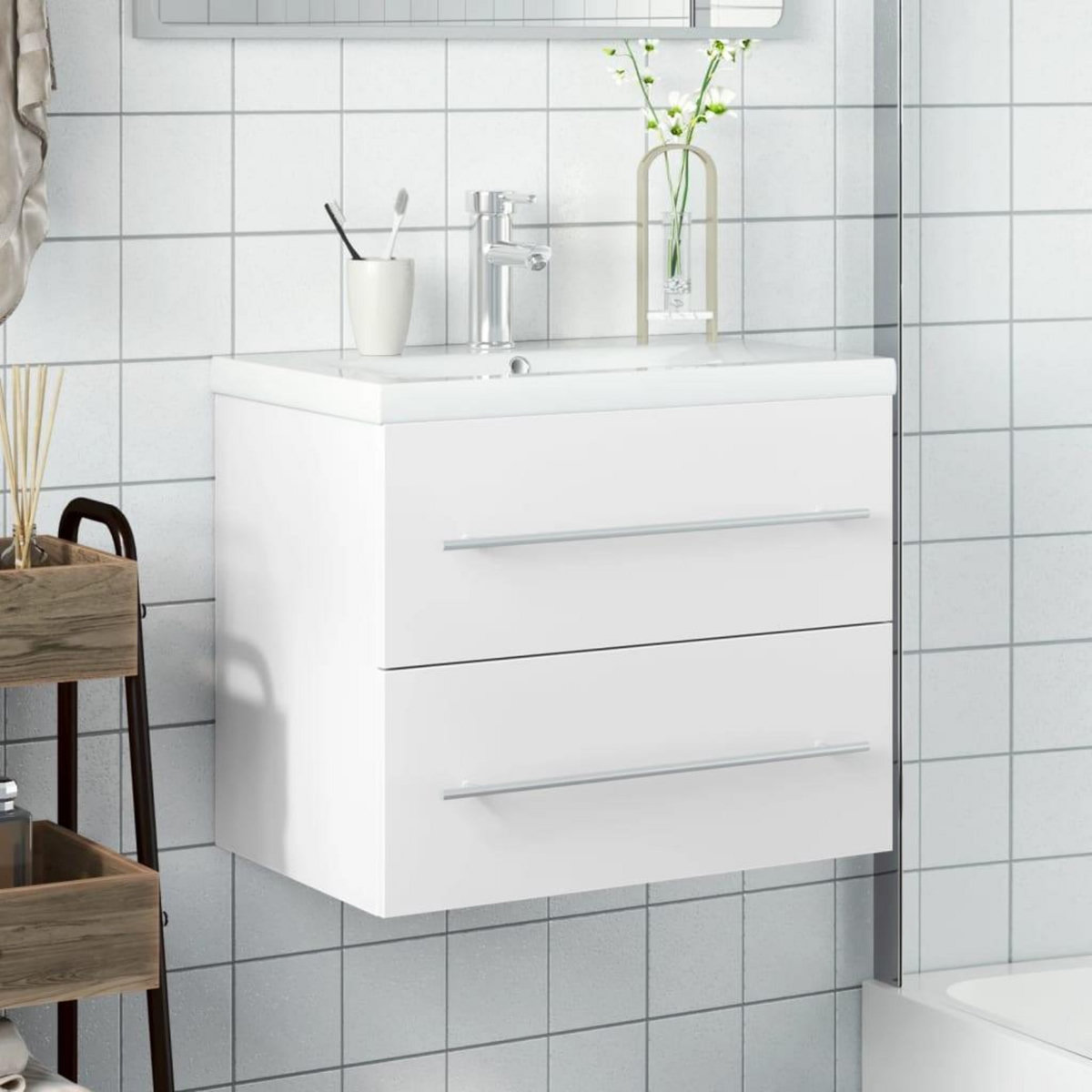 VIDAXL Armoire lavabo de salle de bain avec bassin integre blanc