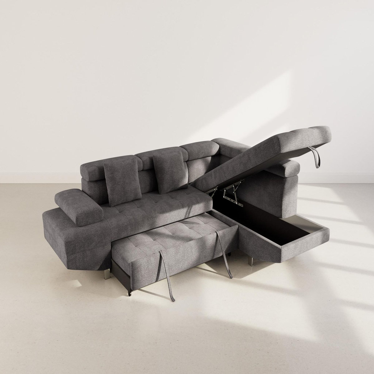 BEST MOBILIER Margaux - canapé d'angle droit 5 places convertible avec coffre et têtières réglables en velours texturé