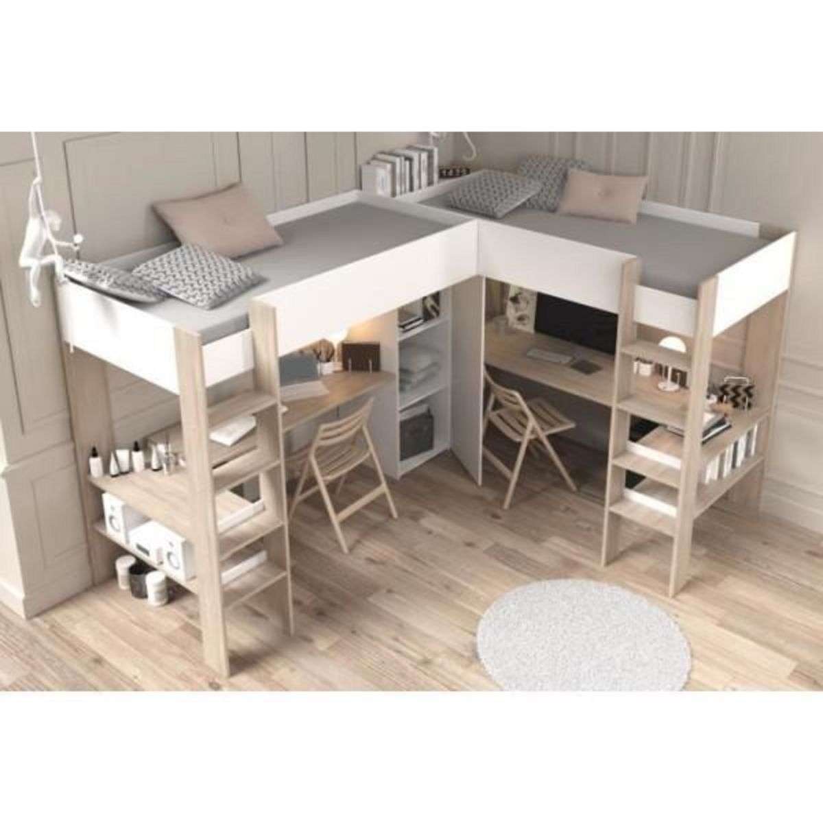 PARISOT Lit double mezzanine combiné enfant ALEXANDRA avec 2 bureaux et rangements - 2x90x200 cm - Blanc/Chene - Sommiers inclus - PARI