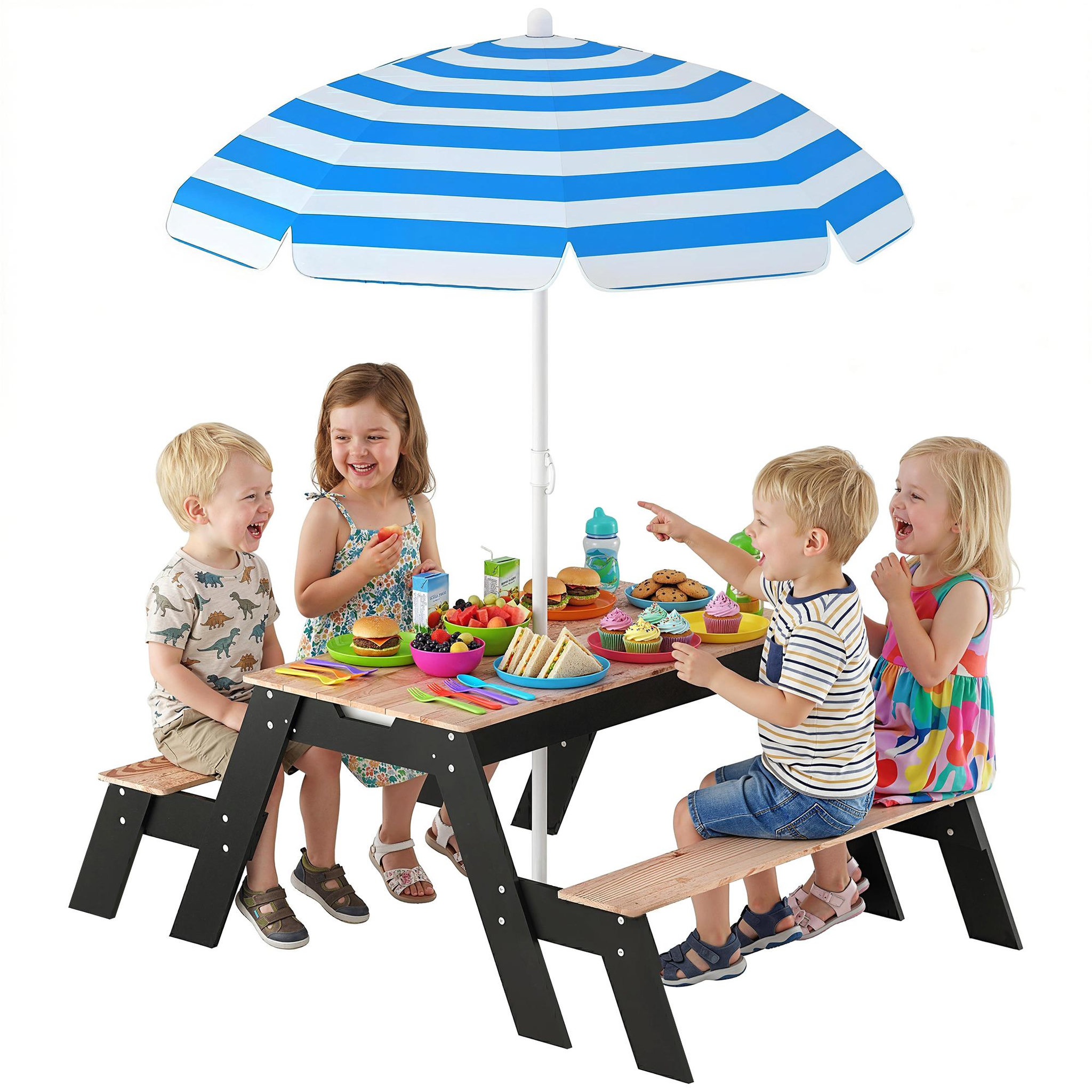 Voir la diapositive 5 : HOMCOM Table de pique-nique enfant bois avec parasol et 2 bacs