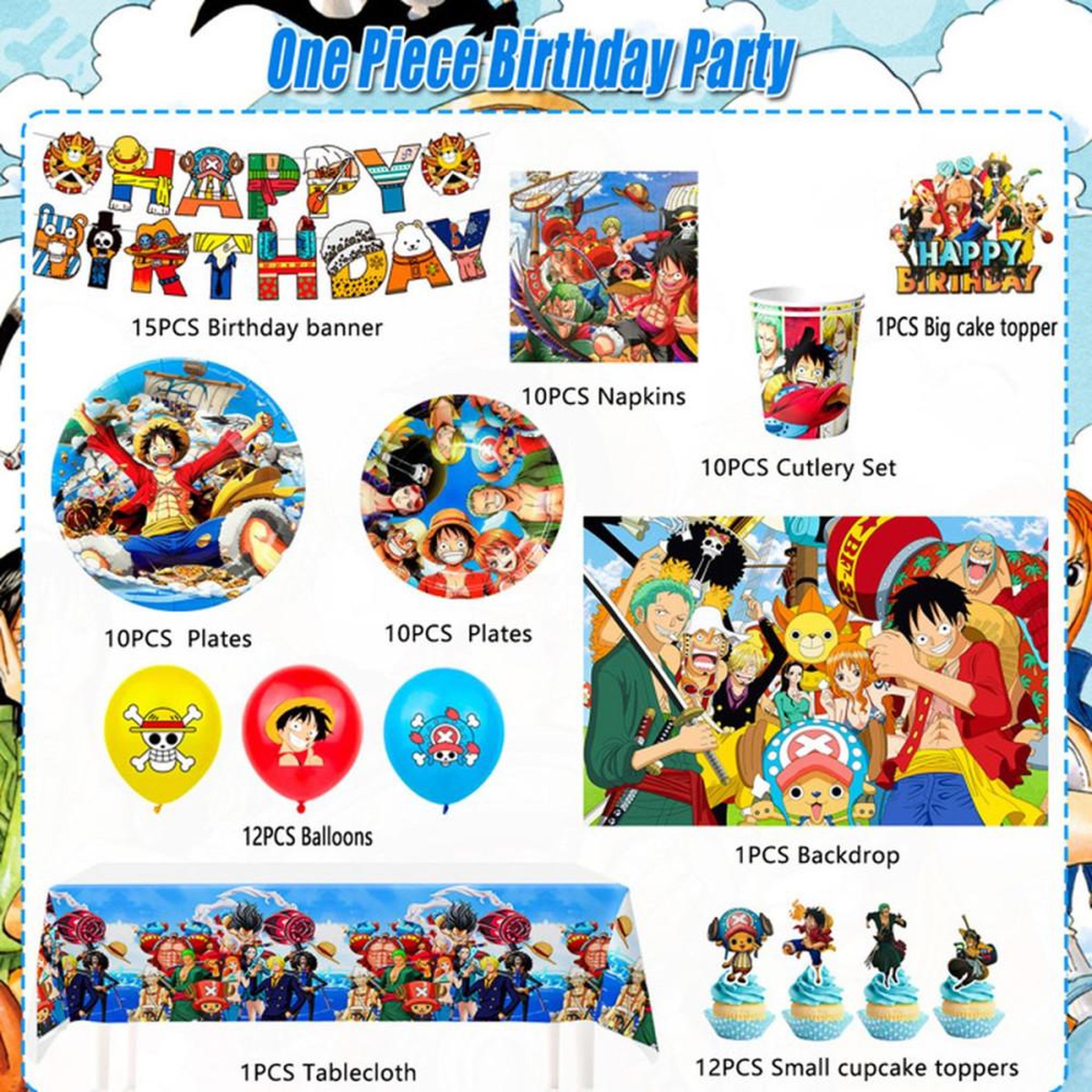 Voir la diapositive 2 : Set de décoration anniversaire Pirate One Piece pour enfants, 15 fanions, 1 fond imprimé, 12 ballons, assiettes, serviettes, couverts et toppers