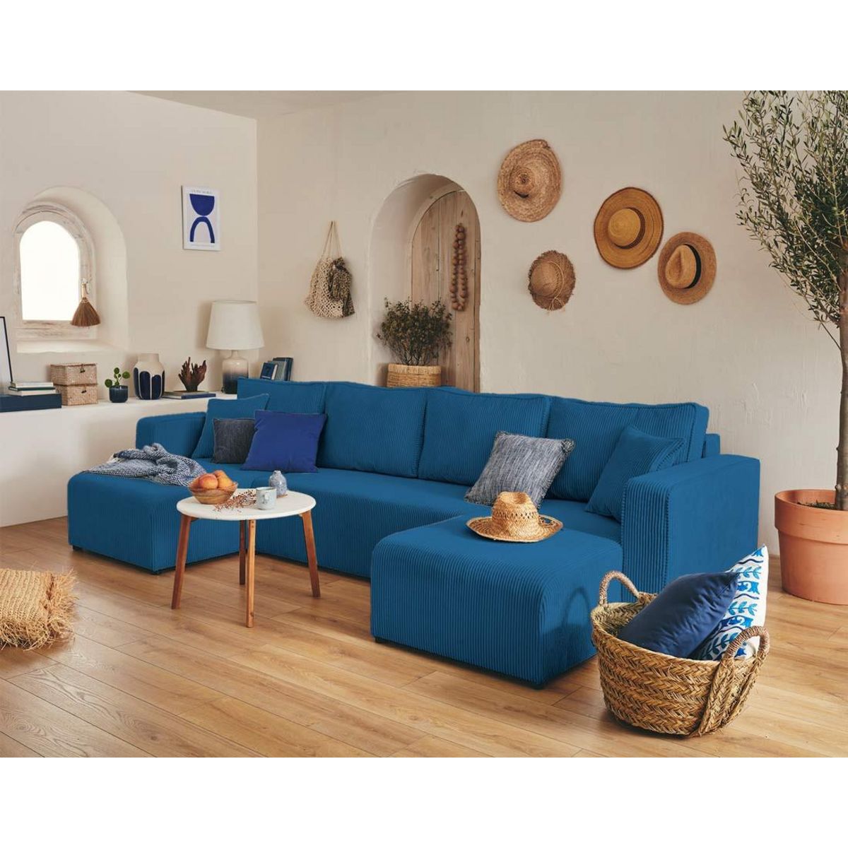 BEST MOBILIER Topaze - canapé panoramique en u - 7 places - convertible avec coffre - en velours côtelé