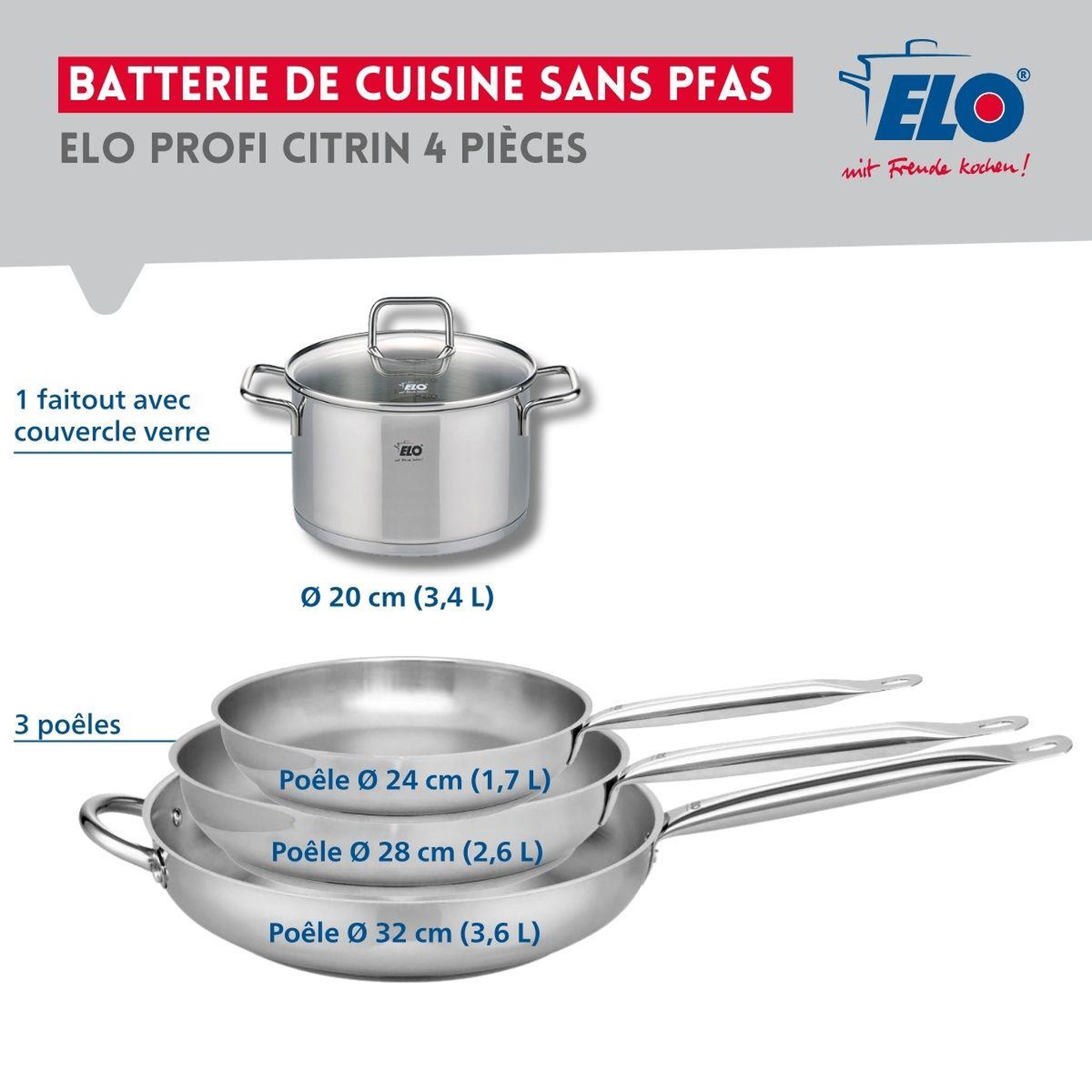 Voir la diapositive 2 : ELO Ensemble de 3 poêles de cuisson 24, 28 et 32 cm et 1 faitout 20 cm elo profi citrin