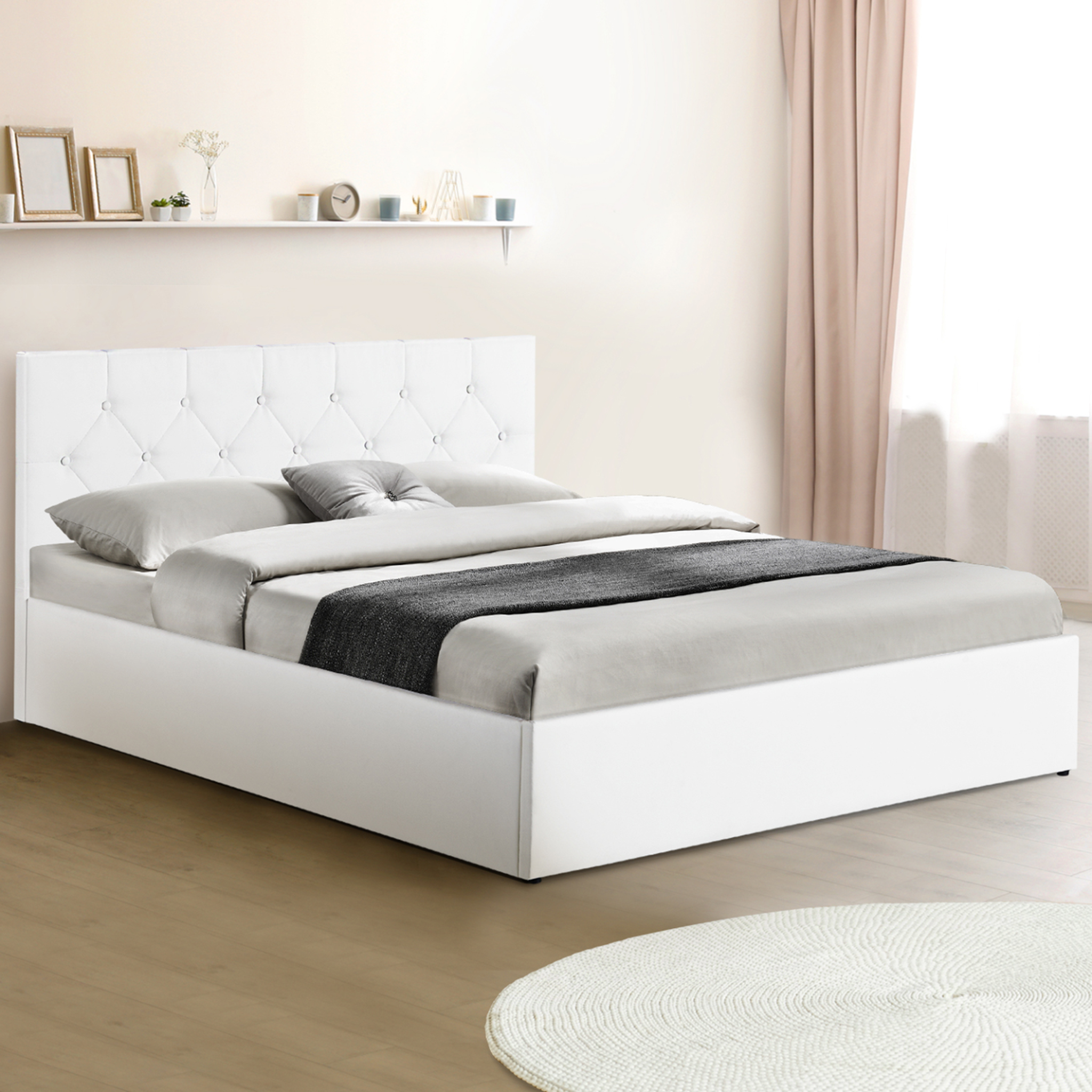 Voir la diapositive 4 : ID MARKET Lit coffre double austin avec tête de lit et sommier 140 x 190 cm pvc blanc
