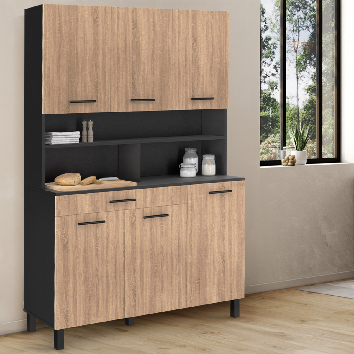 ID MARKET Buffet de cuisine 120 CM CINA 6 portes + tiroir noir et façon hêtre