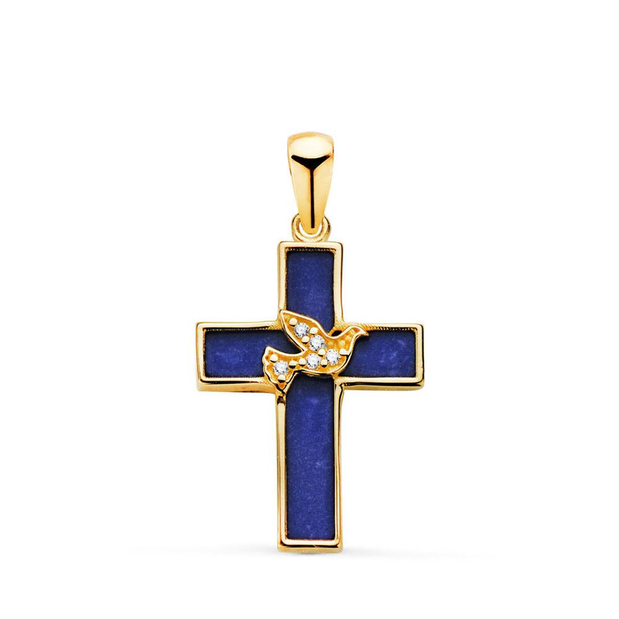 L'ATELIER D'AZUR Pendentif  - Médaille Croix Or 18 Carats 750 Jaune et Lapis Lazuli - Motif Colombe Serti  - Chaine Offerte