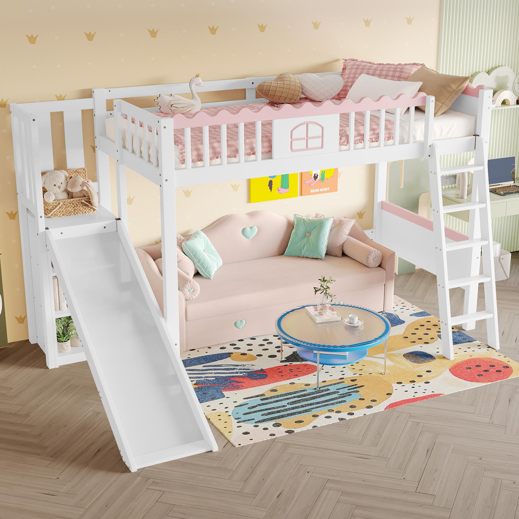 Voir la diapositive 5 : MERAX Lit combiné enfant 90x200cm pin coloris blanc et rose