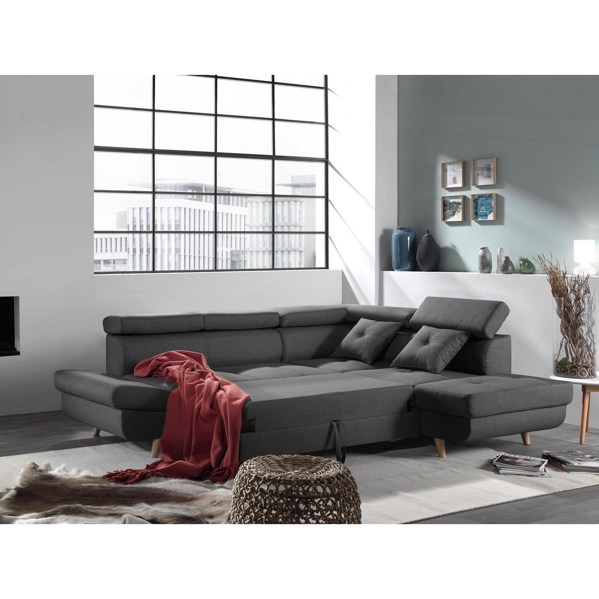 BEST MOBILIER Linea - canapé d'angle droit convertible - 5 places - avec têtières