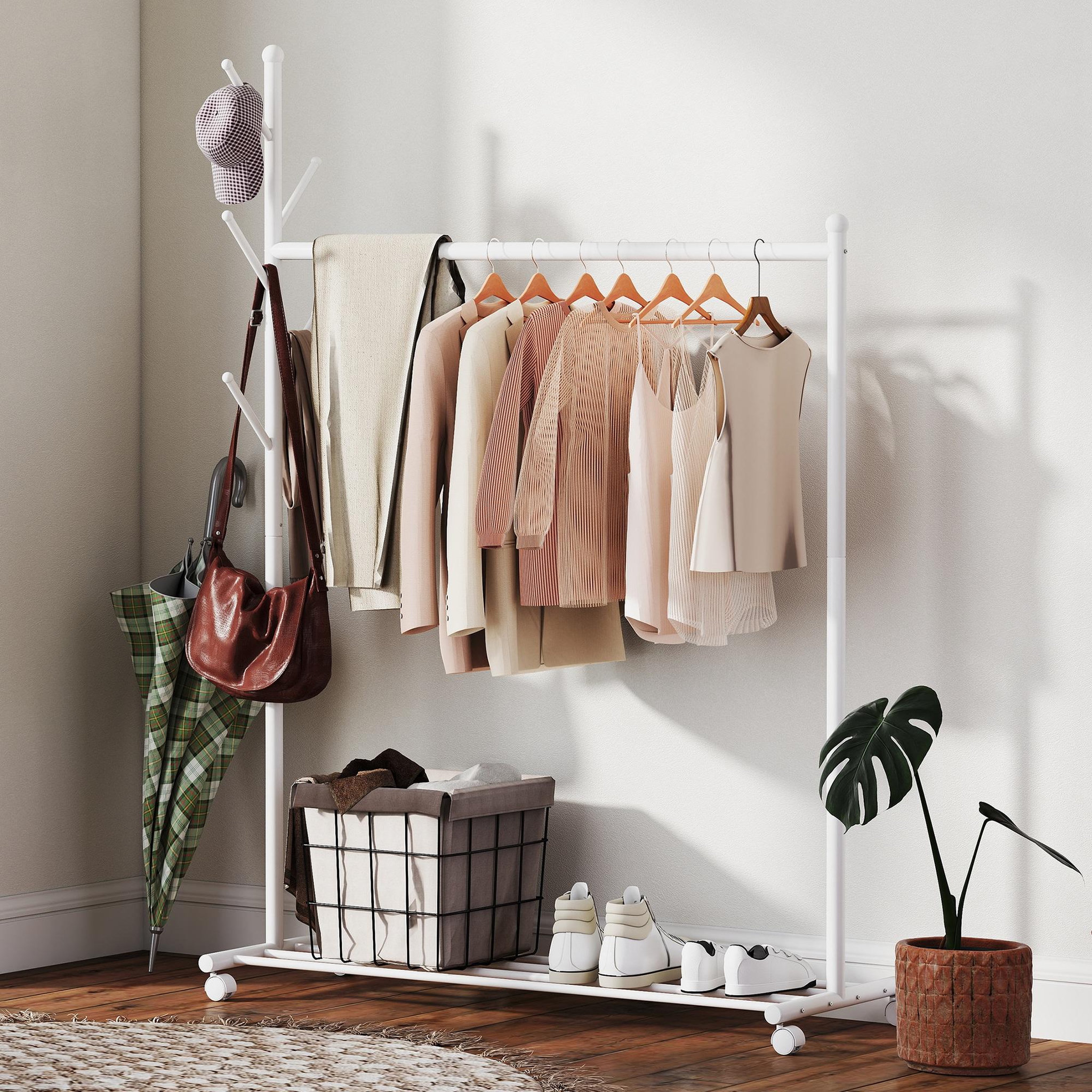 Voir la diapositive 2 : HOMCOM Portant à vêtements mobile étagère porte-manteau en forme d'arbre métal blanc