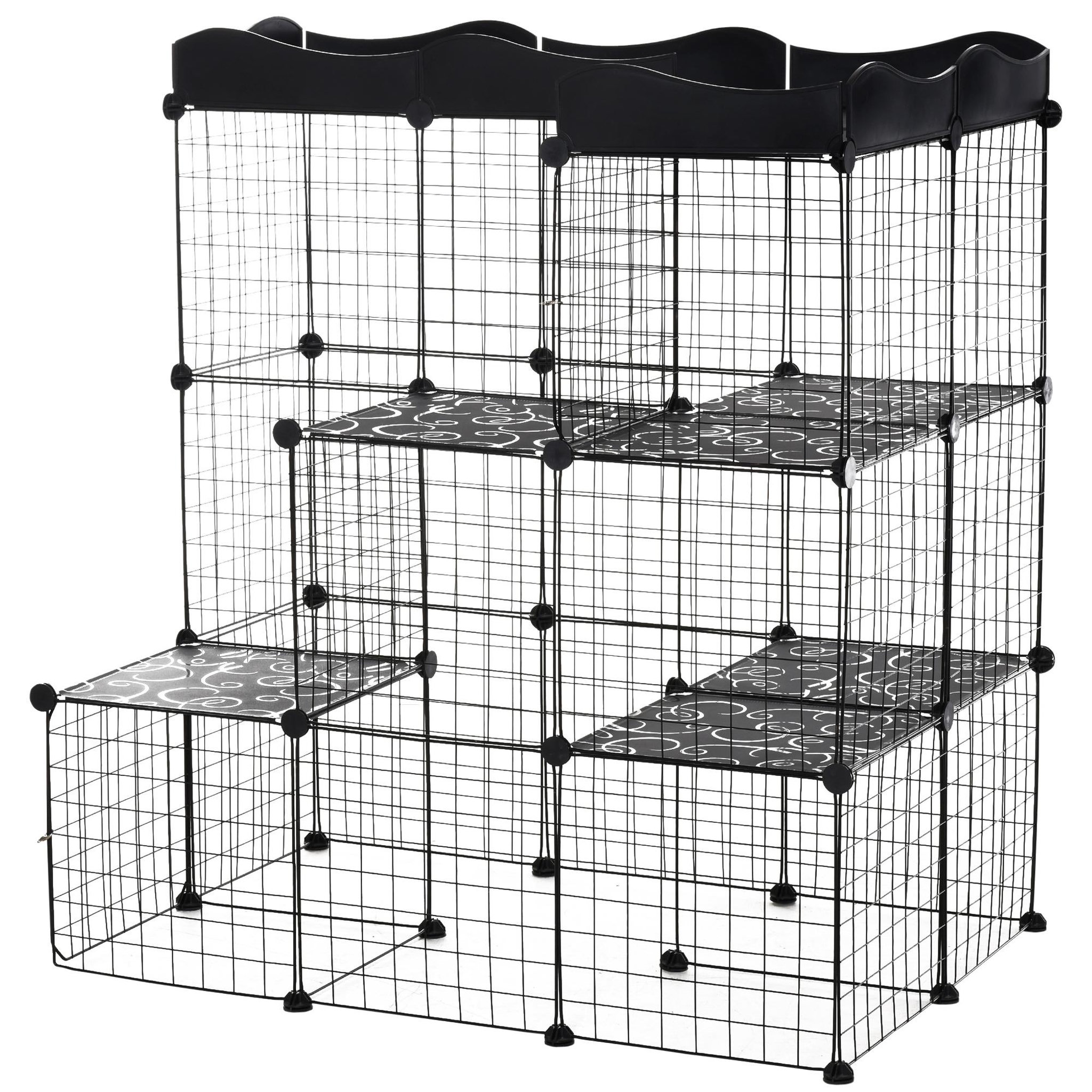 PAWHUT Cage parc enclos chat modulable dim. L105 x l70 x h105 cm 3 niveaux 2 portes rampe plateformes pe motif graphique fil métallique noir