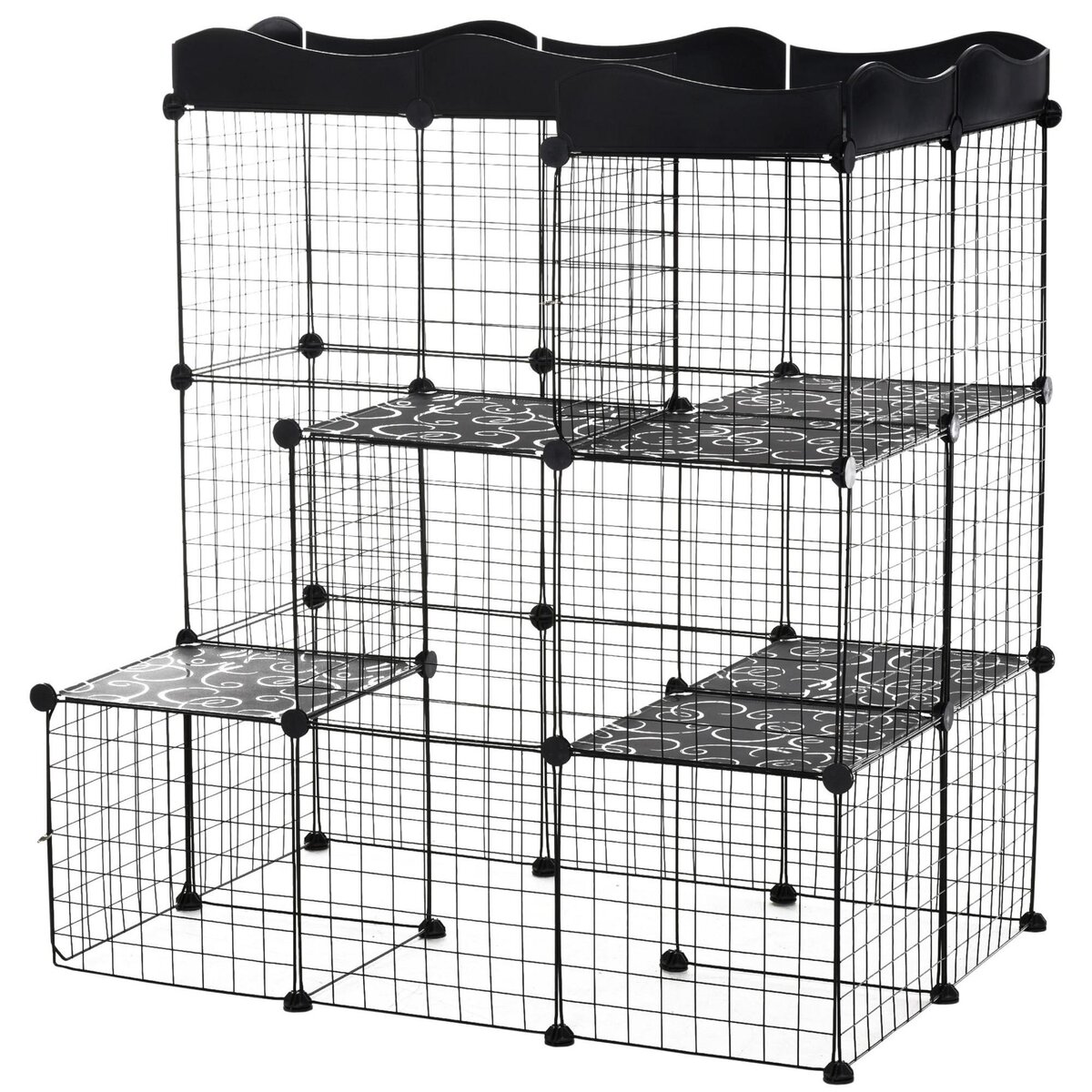 PAWHUT Cage parc enclos chat modulable dim. L105 x l70 x H105 cm 3 niveaux 2 portes rampe plateformes PE motif graphique fil métallique noir