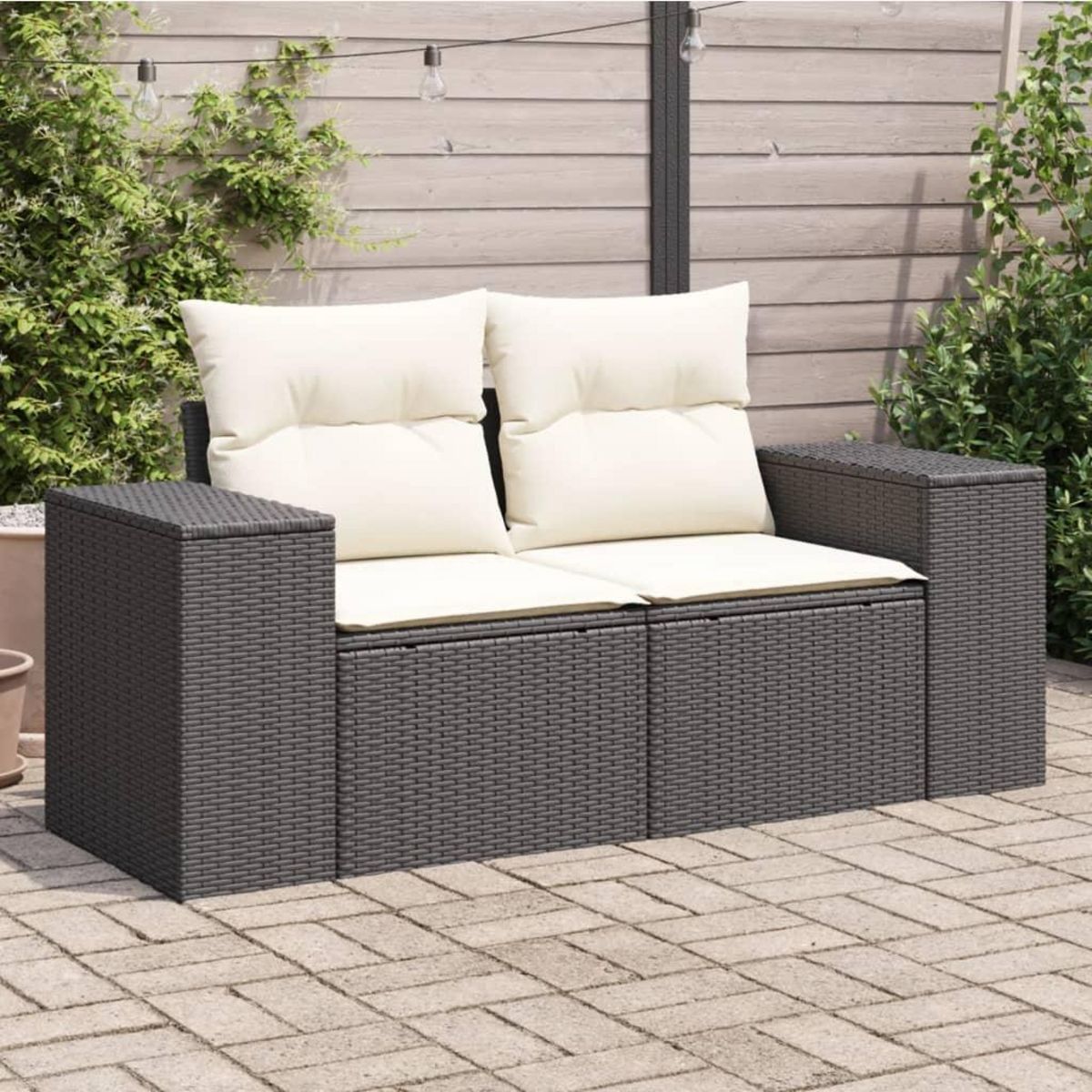 VIDAXL Canape de jardin avec coussins 2 places noir resine tressee