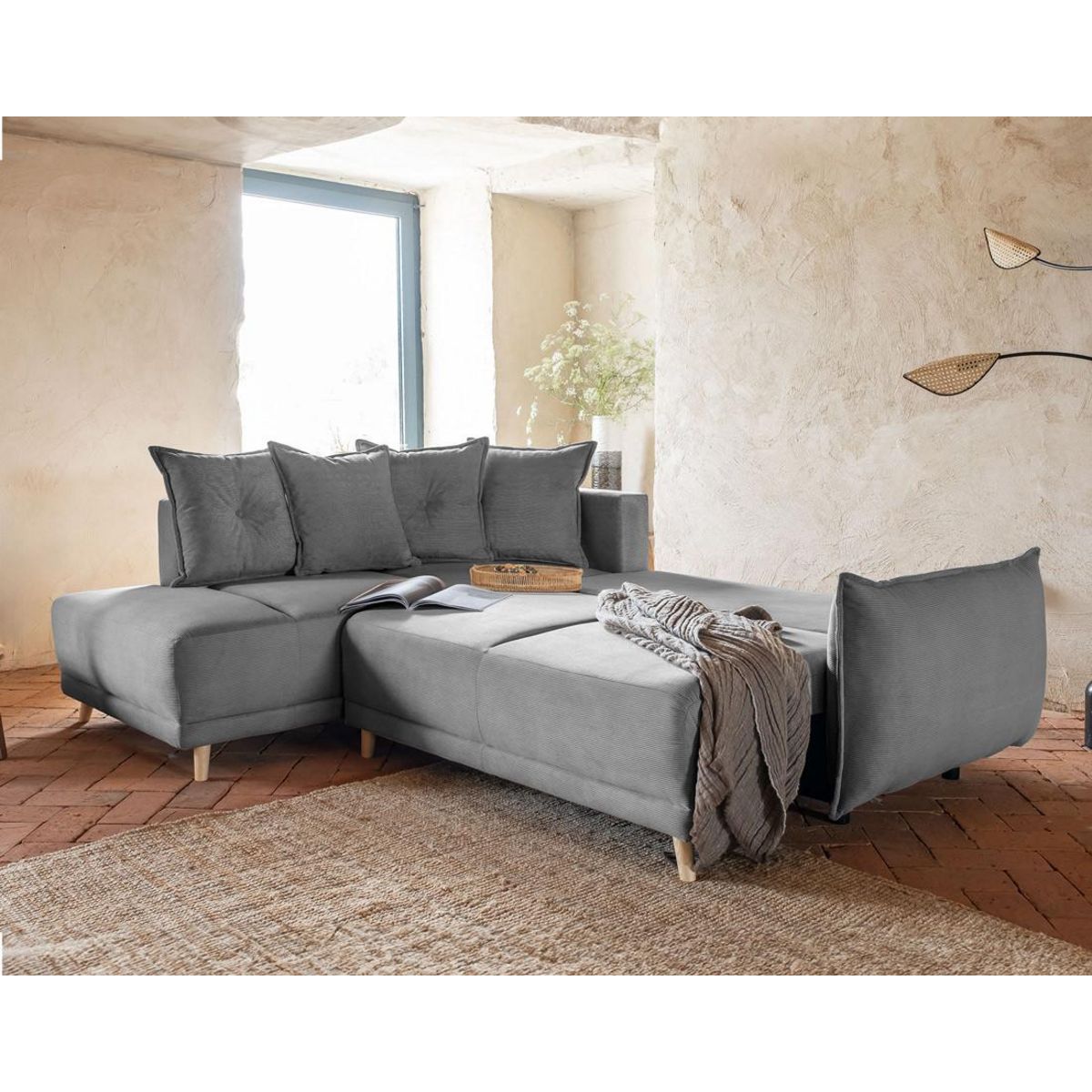 BEST MOBILIER Lena - canapé d'angle gauche 5 places - convertible avec coffre - en velours côtelé