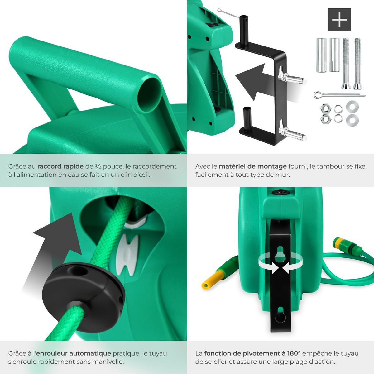 tectake Dévidoir à enroulement automatique pour tuyau d'arrosage avec raccord rapide 1/2 pouce vert
