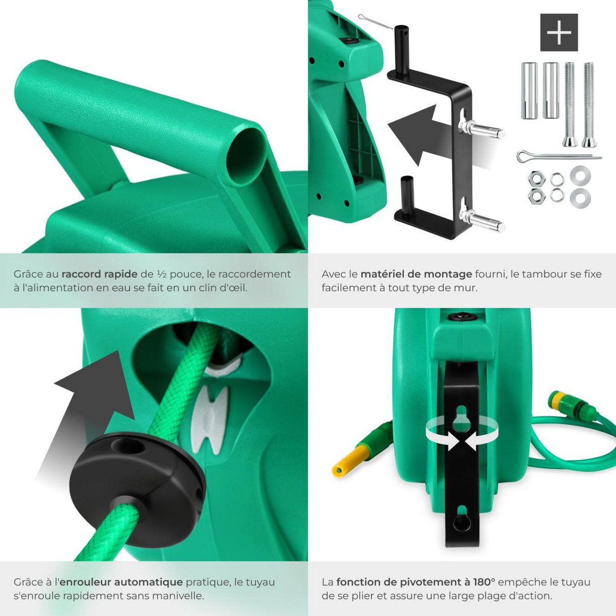 tectake Dévidoir à enroulement automatique pour tuyau d'arrosage avec raccord rapide 1/2 pouce vert