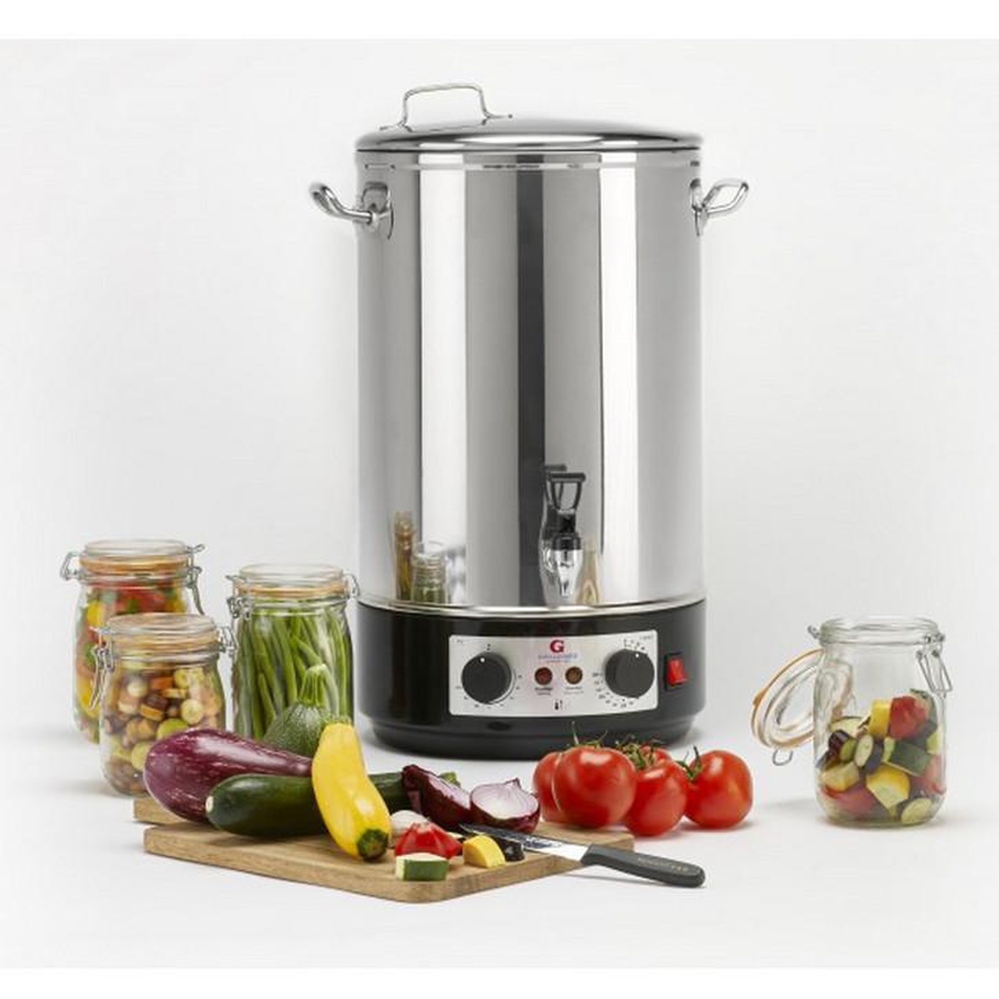 Voir la diapositive 2 : Guillouard Stérilisateur de bocaux électrique cuve inox avec robinet et minuteur 32l 2500w - 011580