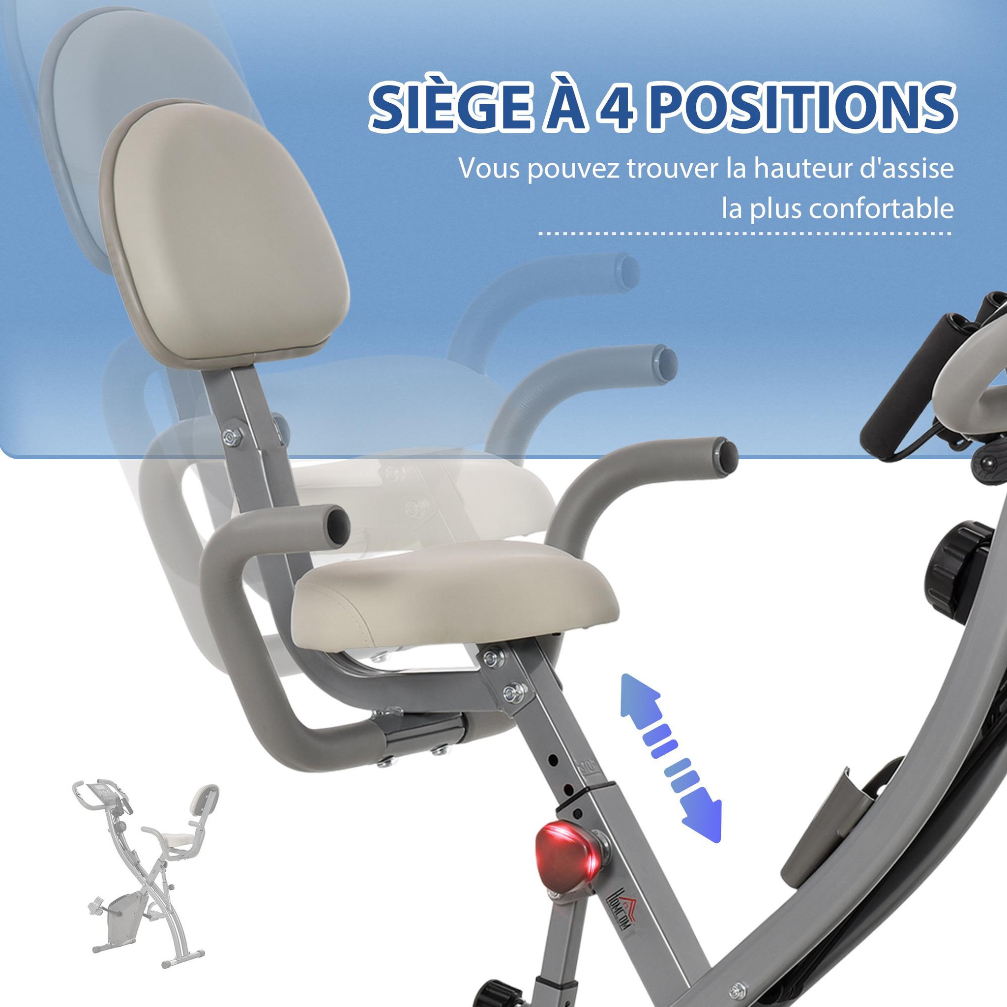 Voir la diapositive 5 : HOMCOM Vélo d'appartement pliant 8 niveaux de résistance magnétique dossier selle réglable poignées ergonomiques écran LCD multifonction suspensions support tablette acier
