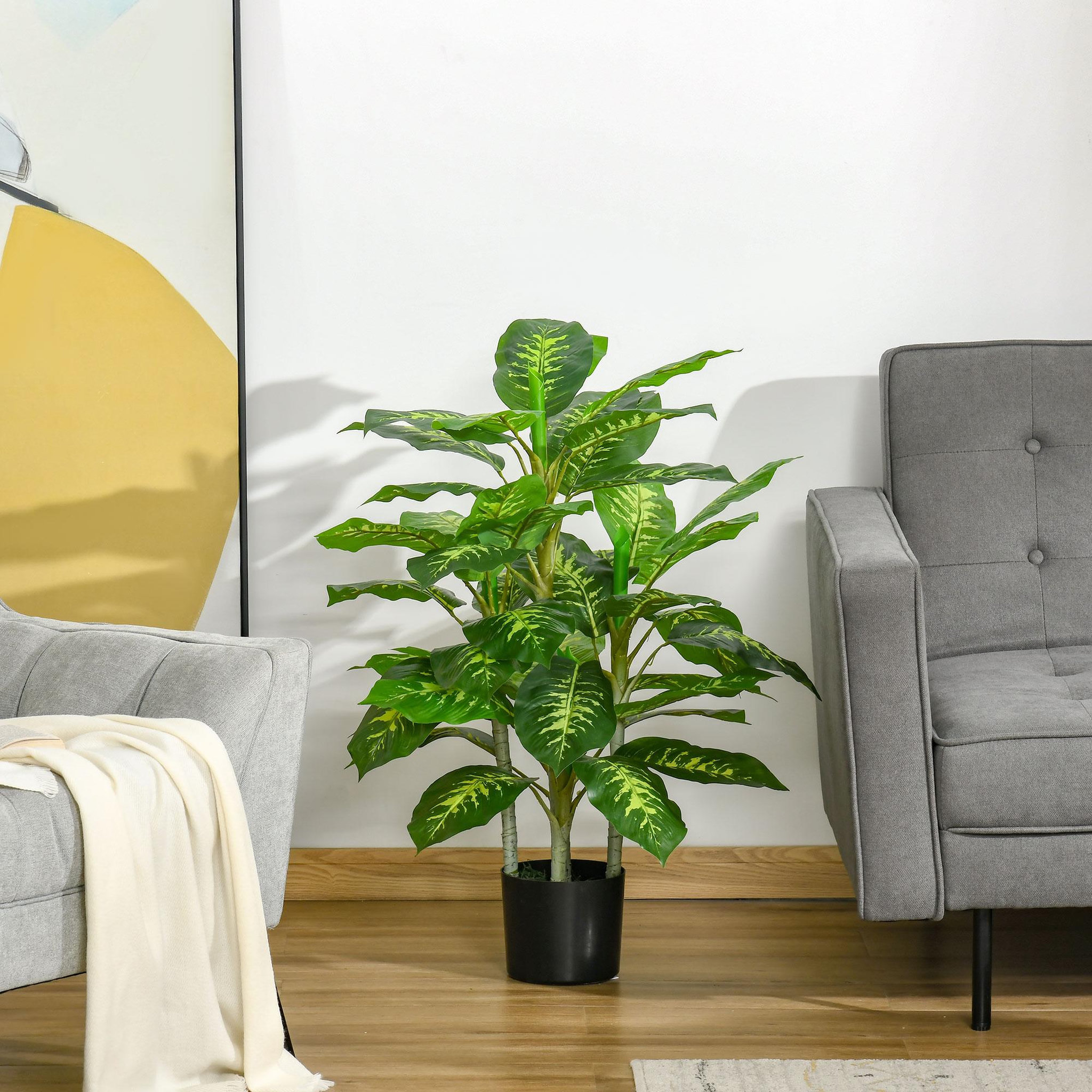Voir la diapositive 2 : HOMCOM Arbre artificiel plante artificielle Calathea H. 95 cm tronc branches lichen feuilles grand réalisme pot inclus