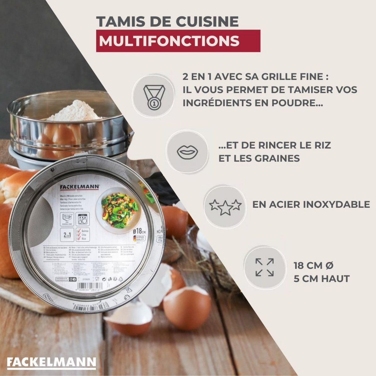 Fackelmann Ensemble de 2 Tamis de cuisine inox extra fin 18 cm de diamètre Fackelmann Basic