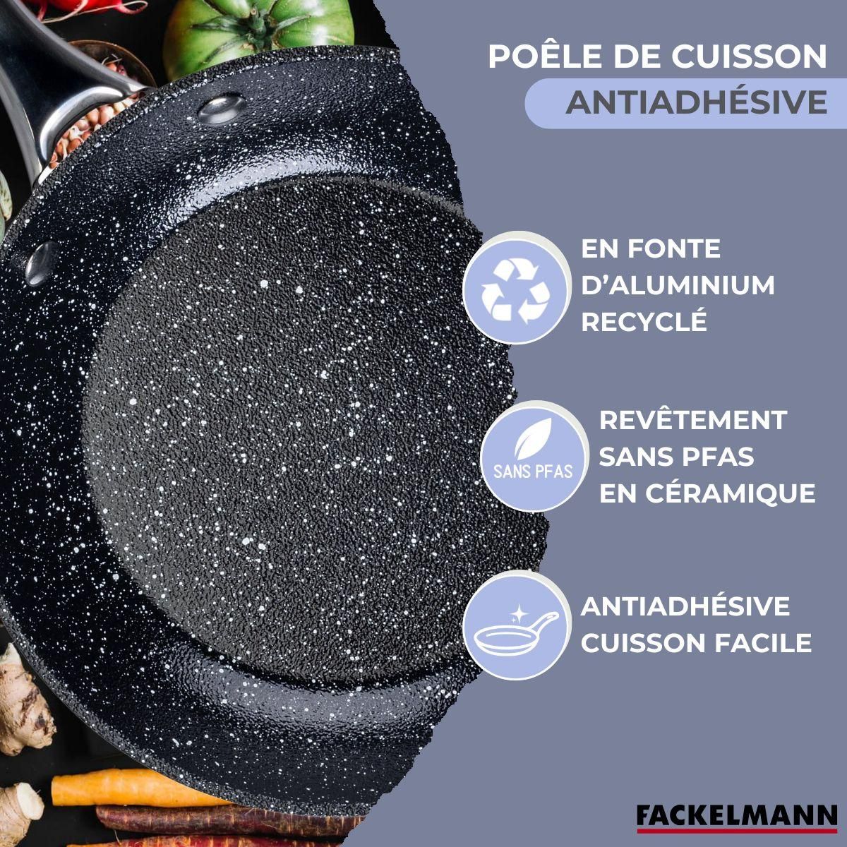 Fackelmann Set poêle 20 cm fonte alu revêtement antiadhésif céramique sans PFAS et 6 ustensiles inox Fackelmann Crossroad