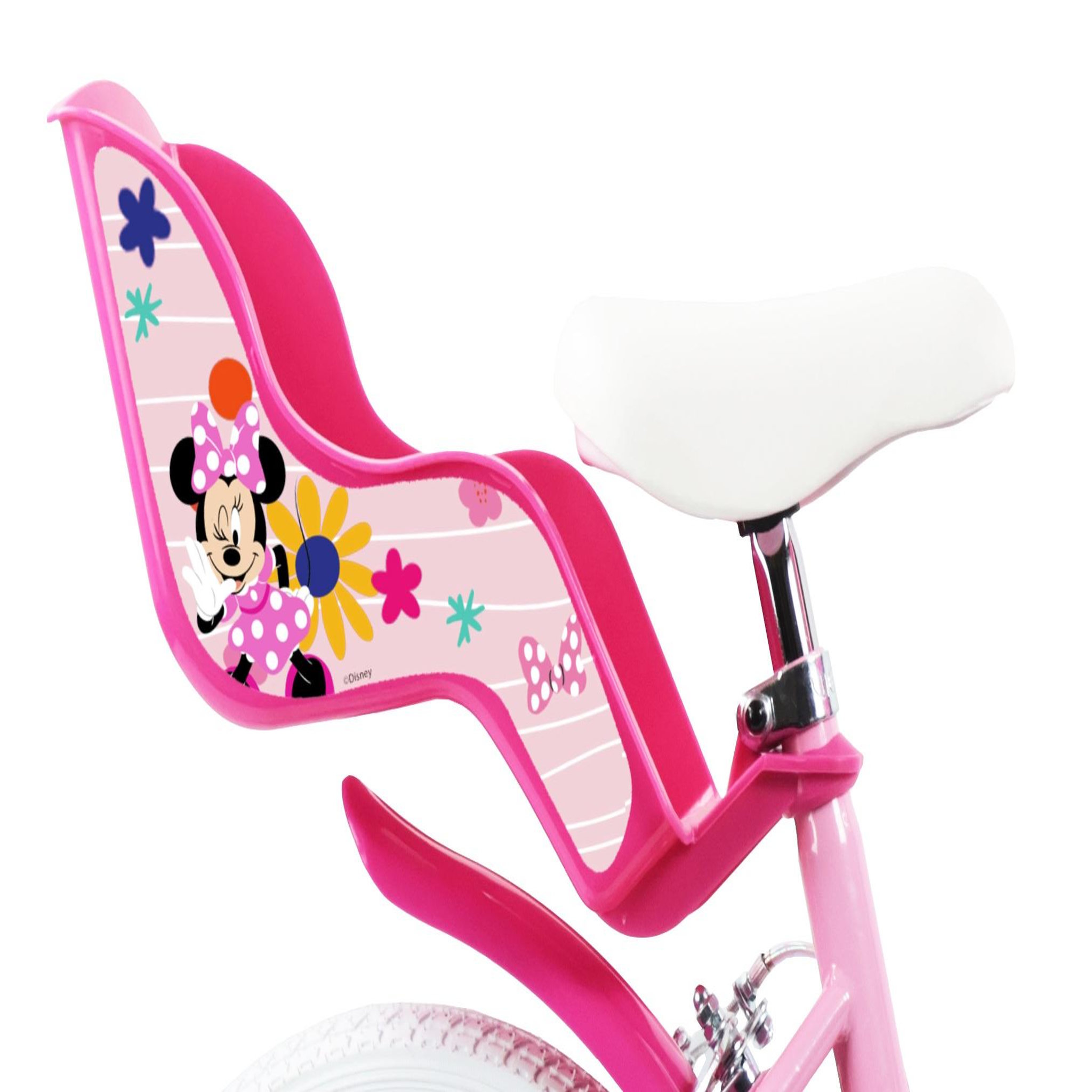 Voir la diapositive 2 : DISNEY Vélo enfants fille 14  Minnie de Disney + Casque pour enfant de 95/110 cm avec stabilisateurs - 2 freins - Panier avant - Porte poupée arrière