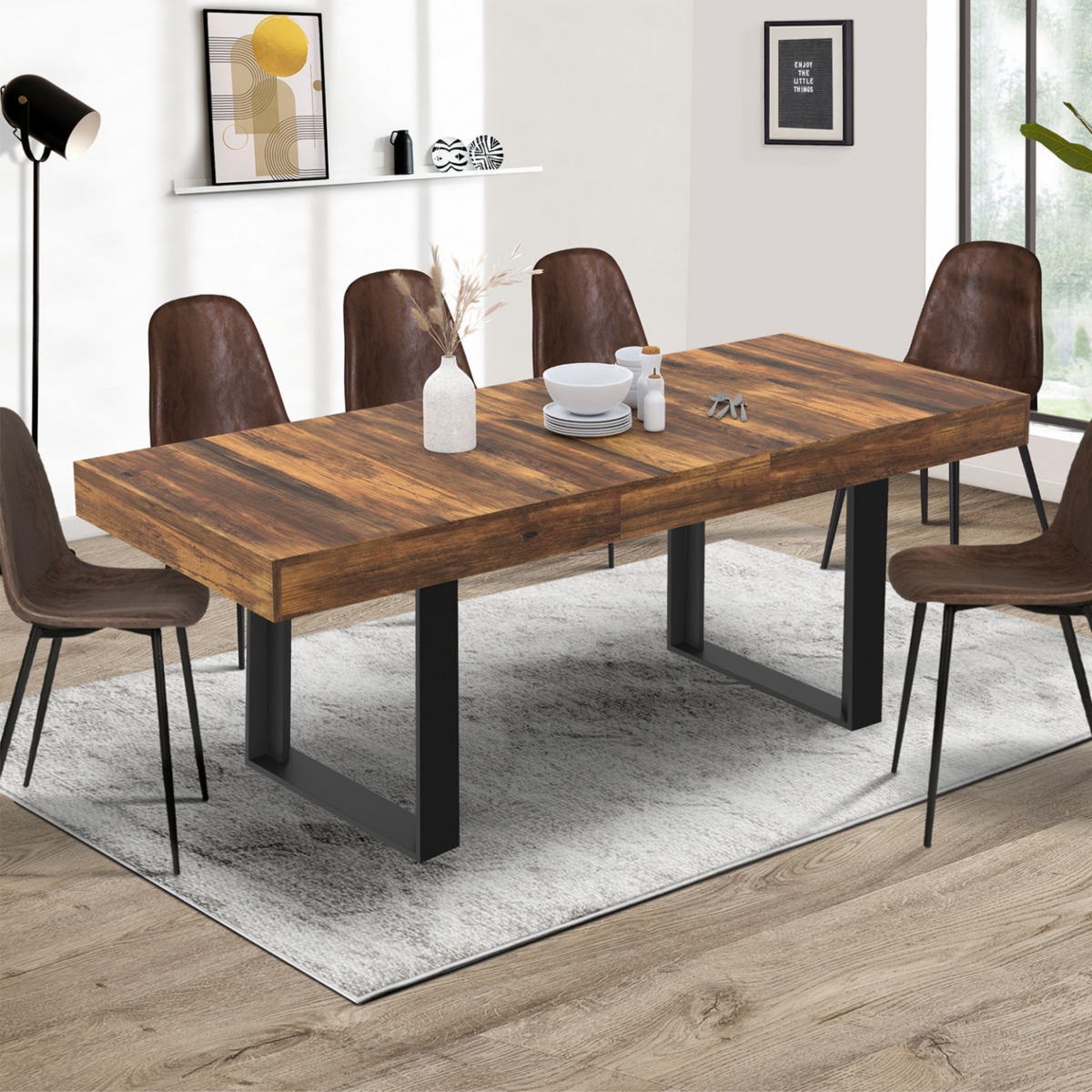 ID MARKET Table à manger extensible rectangle PHOENIX 4-8 personnes bois plateau HAWKINS 160-200 cm