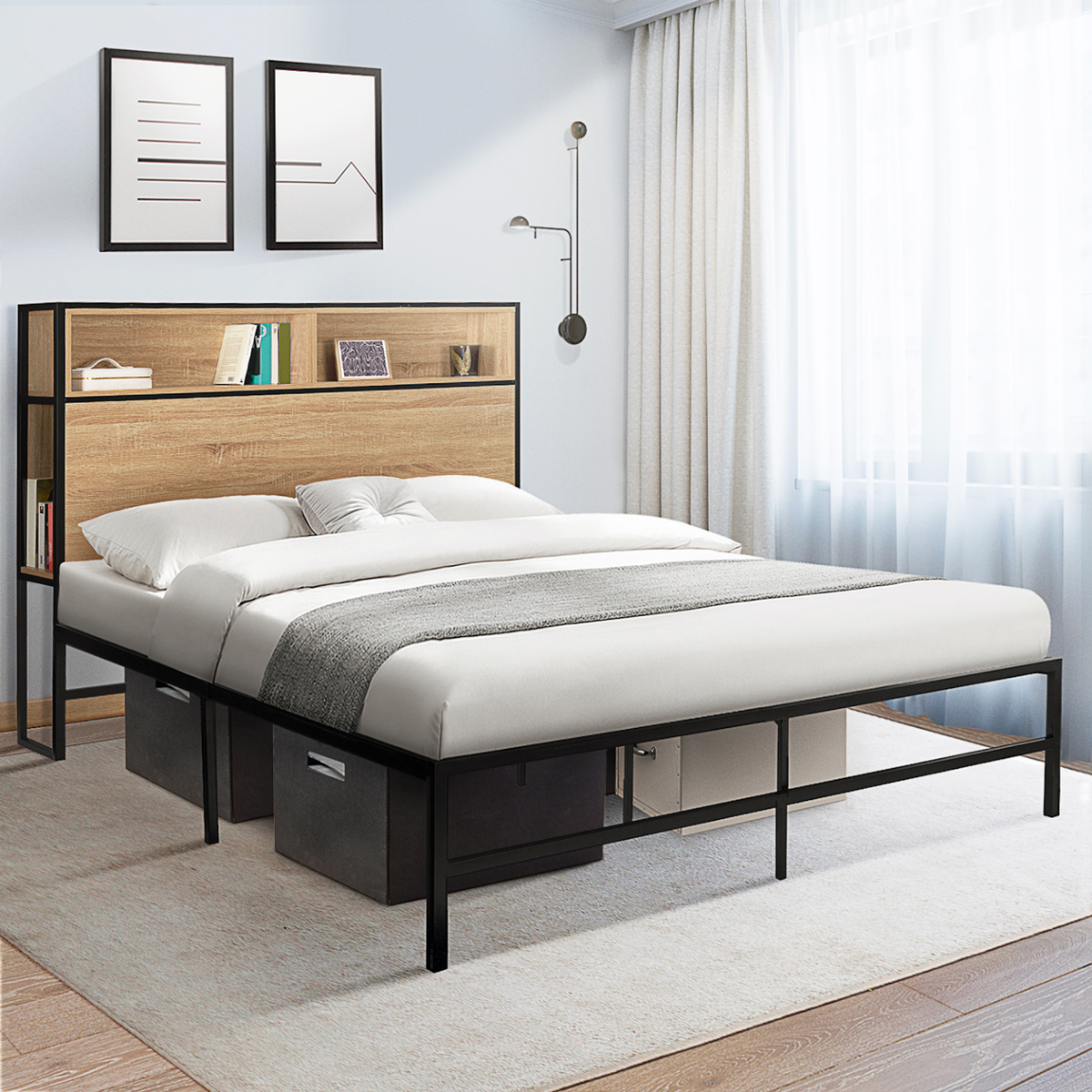 ID MARKET Cadre de lit double TULSA 140x190 cm sommier plateforme en métal noir 35 cm