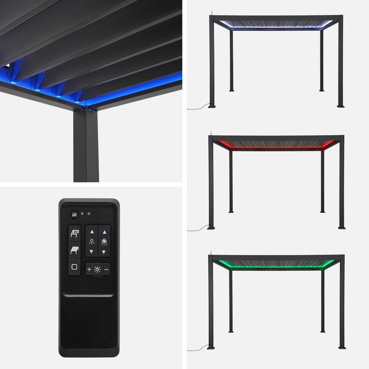 SWEEEK Pergola bioclimatique électrique 3x4m. aluminium. à lames orientables avec éclairage LED + store 3m + store 4m