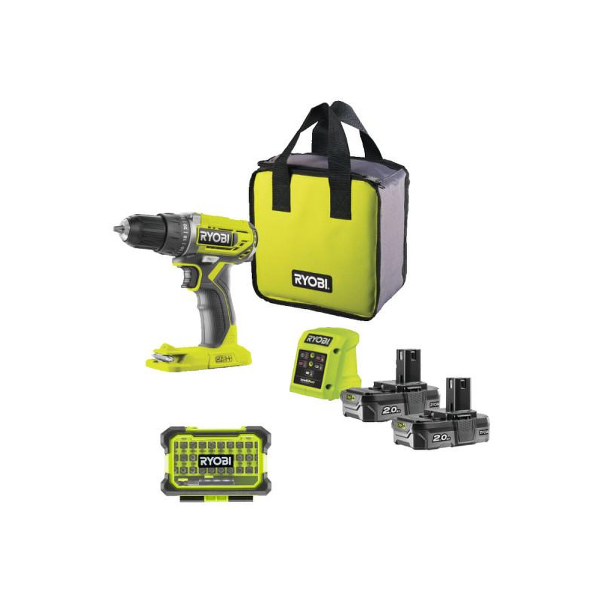 Ryobi Pack RYOBI - Perceuse Visseuse R18DD2-220S - 18V One Plus - 2 batteries 2,0Ah - 1 chargeur - Coffre