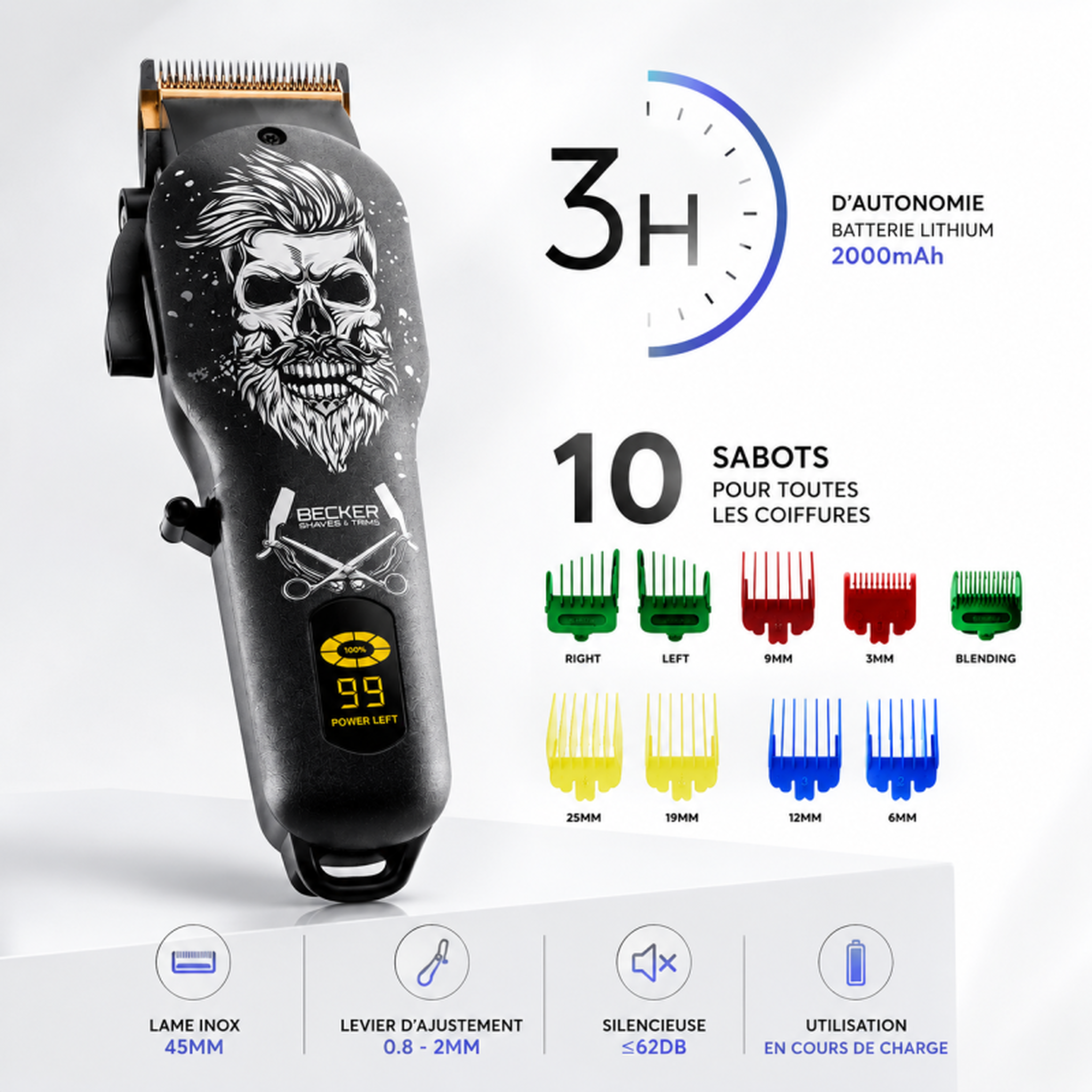 Voir la diapositive 2 : BECKER SHAVES ET TRIMS Tondeuse sans fil cheveux et barbe avec levier d'ajustement design hero i becker