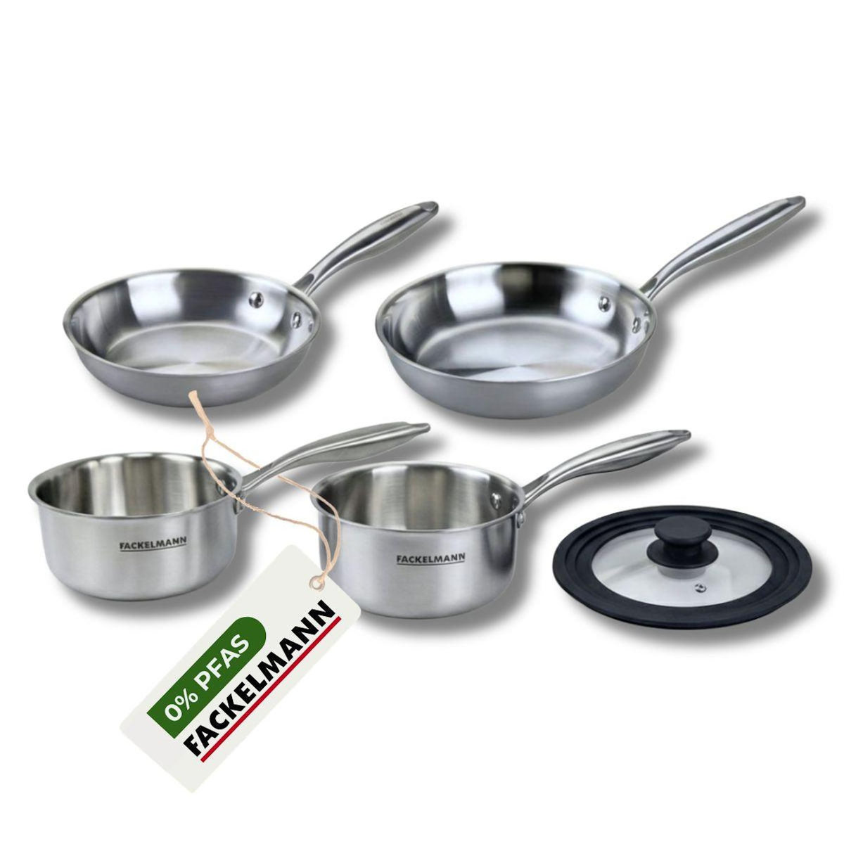 Fackelmann Poêles à Frire 20 et 24 cm Casseroles 16 et 18 cm inox 18/10 Triply et couvercle Fackelmann Vita3