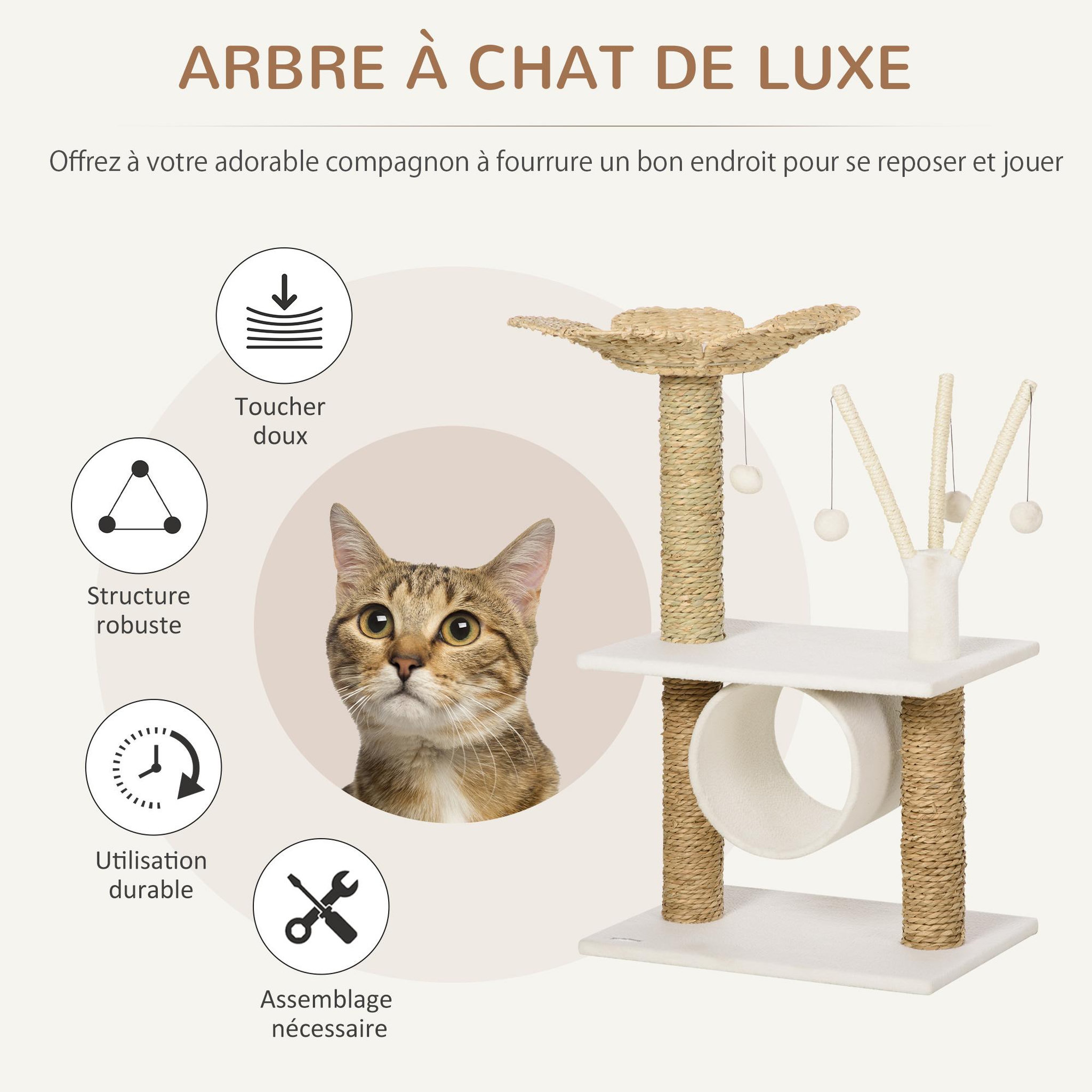 Voir la diapositive 4 : PAWHUT Arbre à chat style cosy chic fleur - griffoirs, tunnel, plateformes, 4 jeux de boules -  peluche blanche quenouille tressée