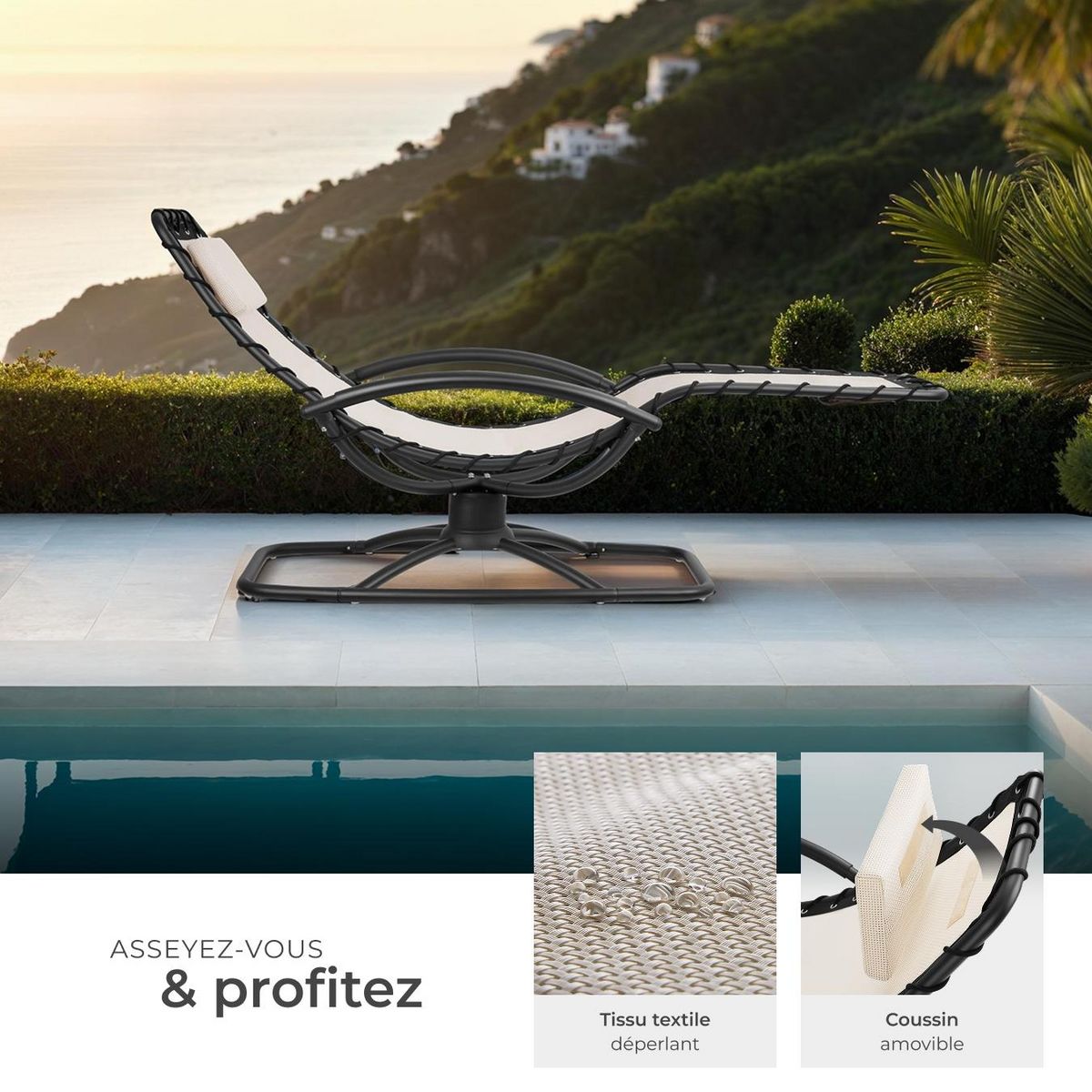 tectake Chaise longue de jardin ergonomique avec mouvement de balancement confortable beige