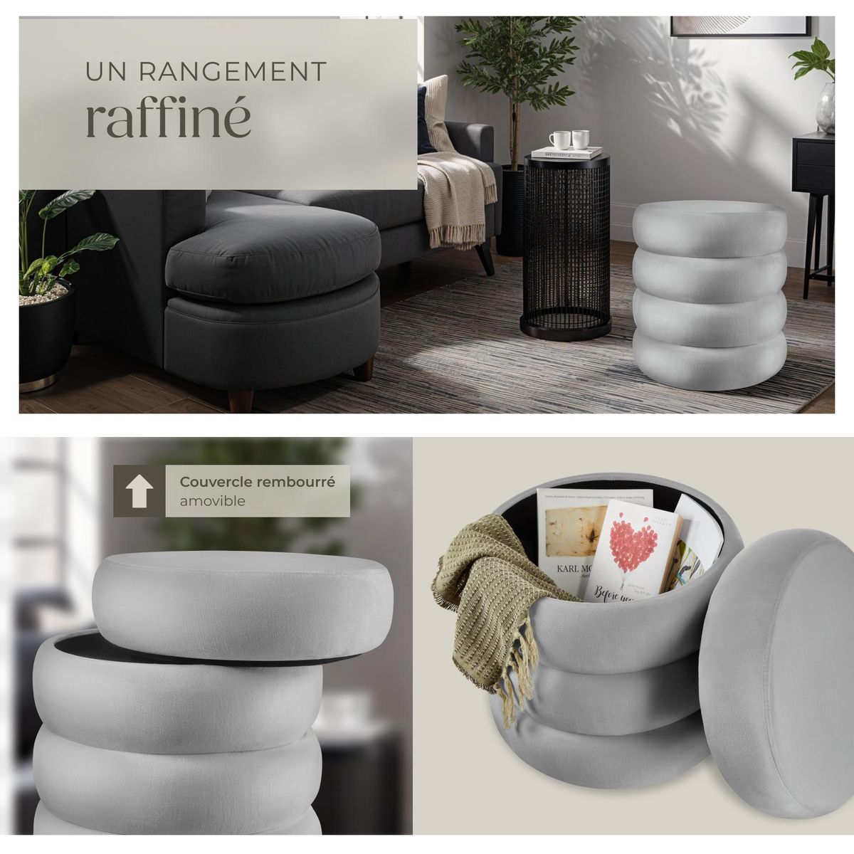 tectake Tabouret avec espace de rangement rond Aspect velours gris