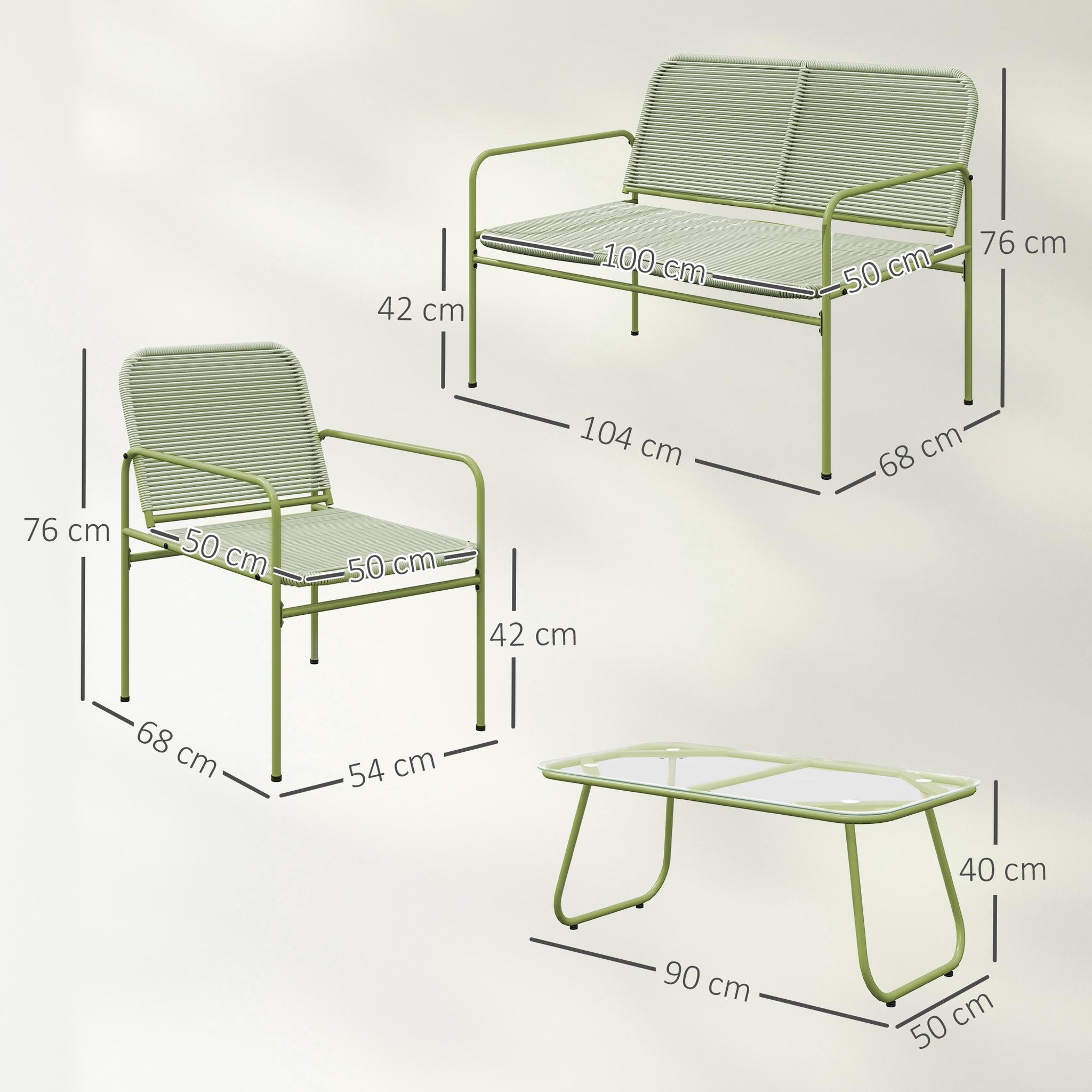 Voir la diapositive 3 : OUTSUNNY Salon de jardin style acapulco 4 places 4 pièces plateau verre trempé acier résine filaire vert