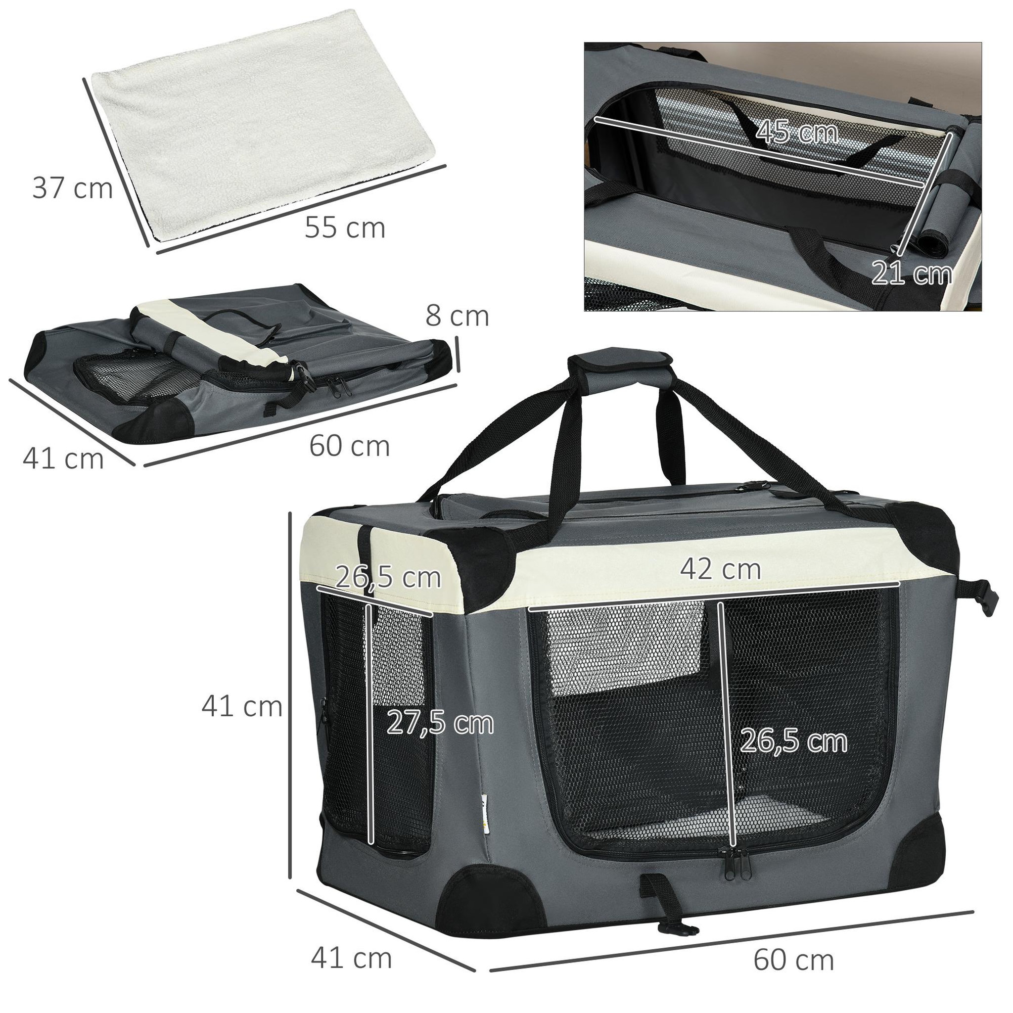 Voir la diapositive 3 : PAWHUT Sac de transport pour chien et chat pliable - poignée, 3 entrées zippées, poche - coussin amovible inclus - acier oxford polyester gris noir