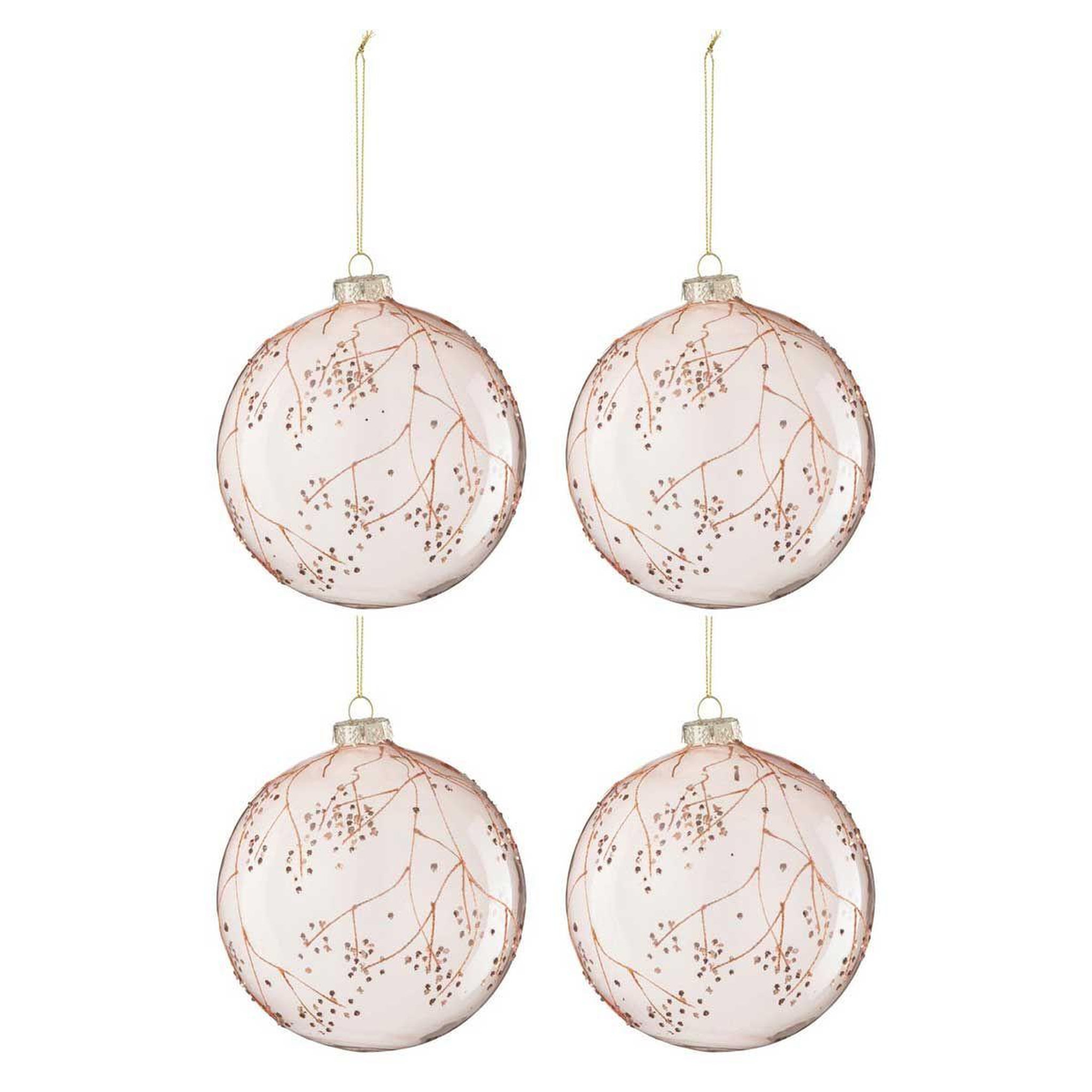 J-LINE Lot de 4 boules de noël  branches  12cm rose
