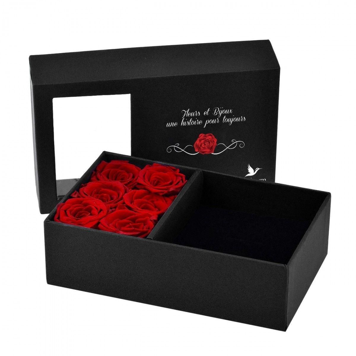 SC CRYSTAL Boite à bijou décorée de 6 roses éternelles rouges et son collier argenté