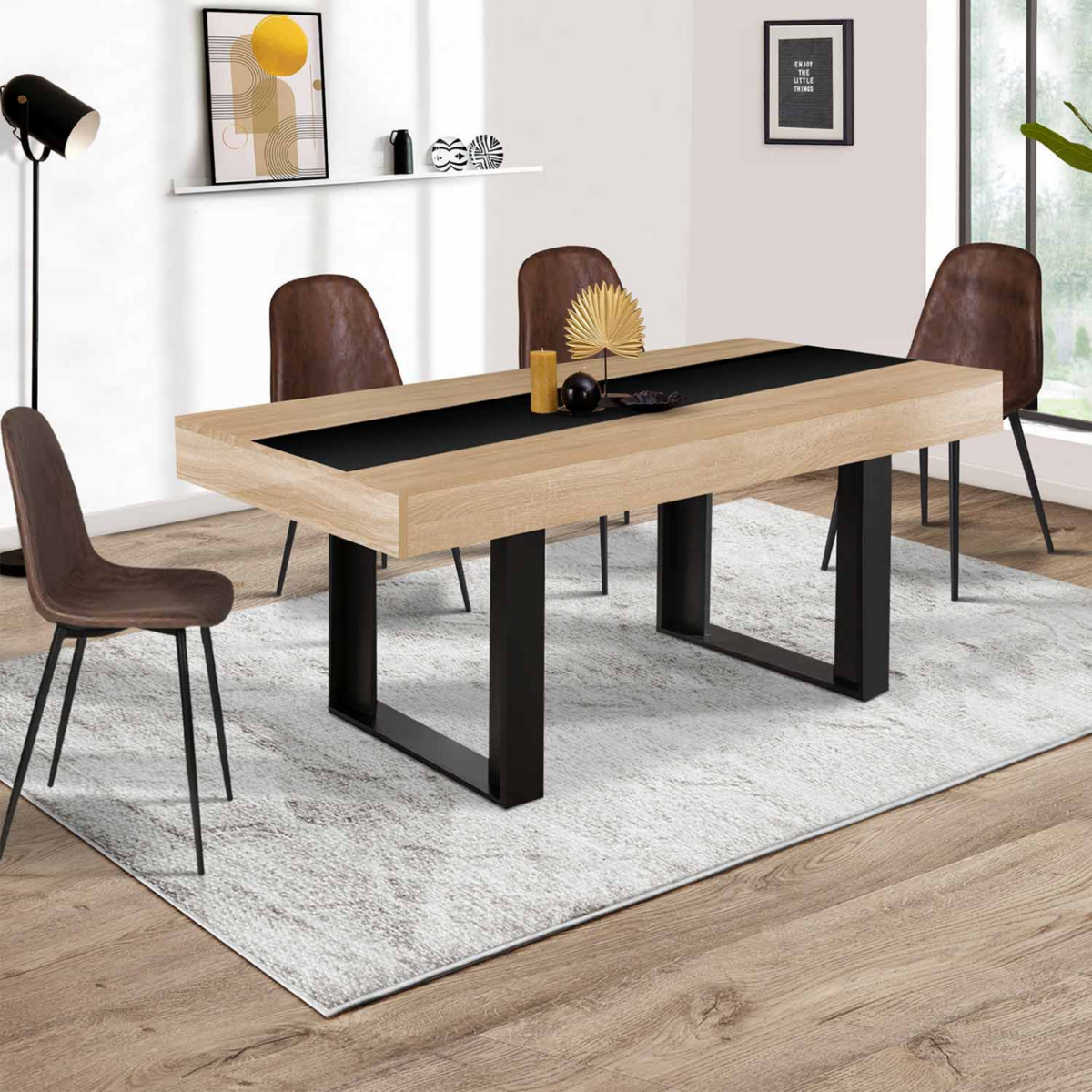ID MARKET Table à manger extensible rectangle PHOENIX 4-8 personnes bois et noir bande centrale noire 160-200 cm