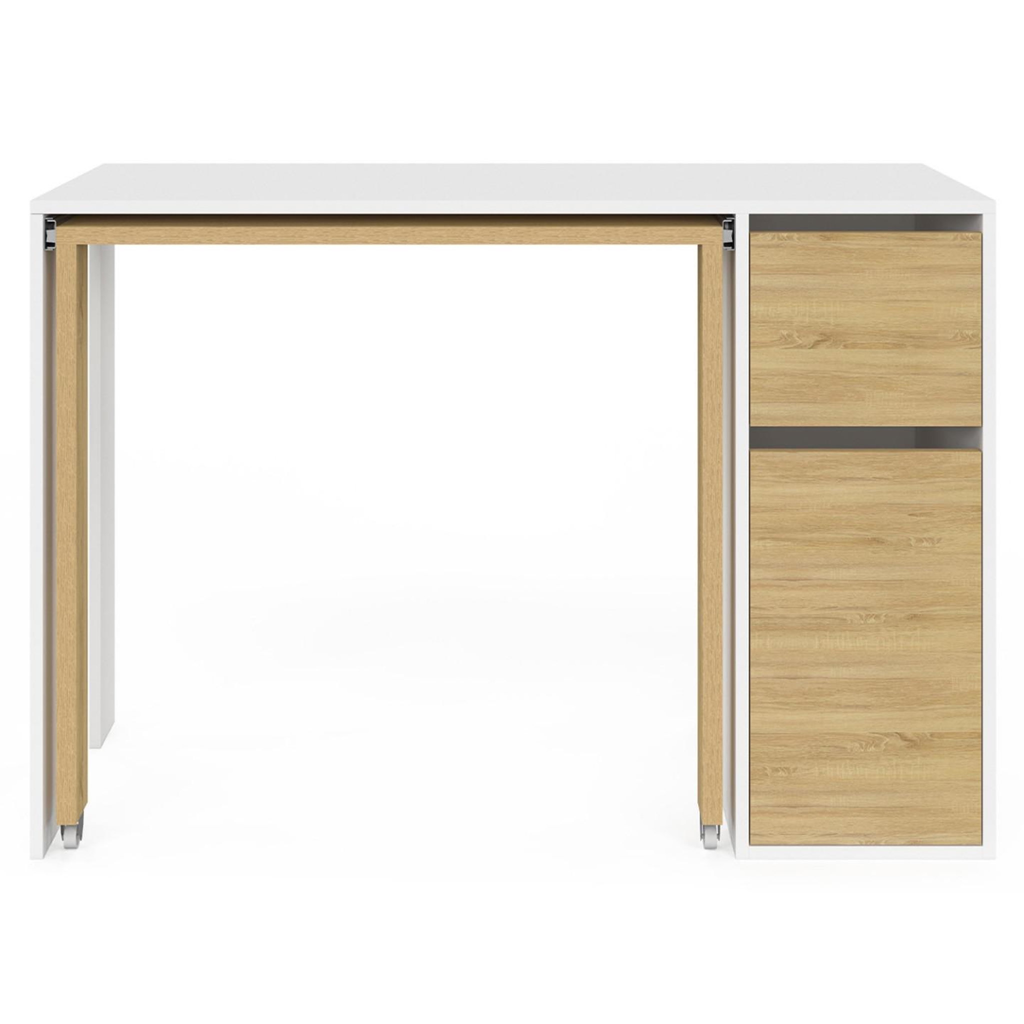 Voir la diapositive 3 : ID MARKET Bureau extensible ron avec colonne de rangement tiroir et placard blanc et bois
