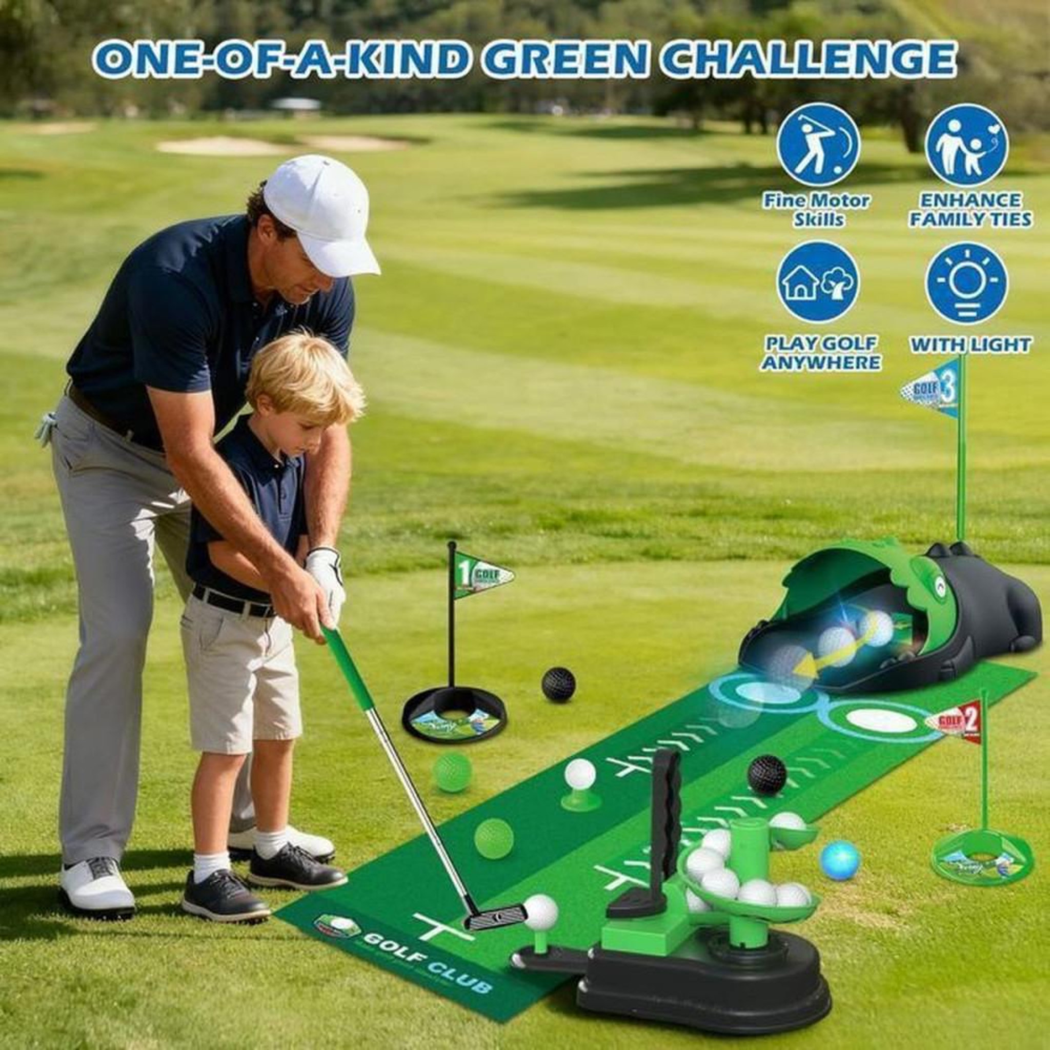 Voir la diapositive 2 : Mini golf enfant 3 en 1 LED avec retourneur automatique dinosaure, clubs réglables et tapis de putting