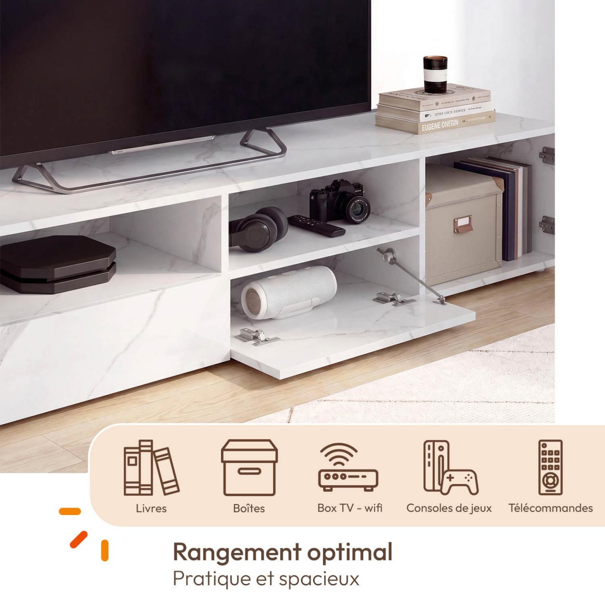 Voir la diapositive 3 : ID MARKET Meuble TV 180 cm ELI bois effet marbre