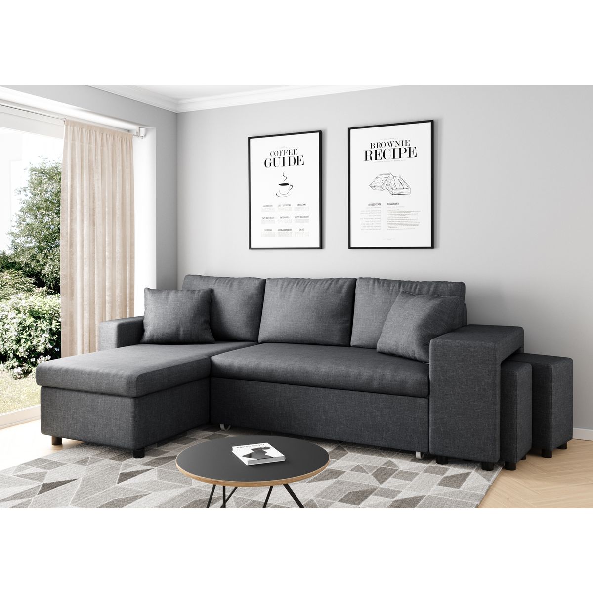  Canapé 3 places d'angle Gauche convertible avec coffre Tissu gris foncé+ 2 poufs inclus ANETTA