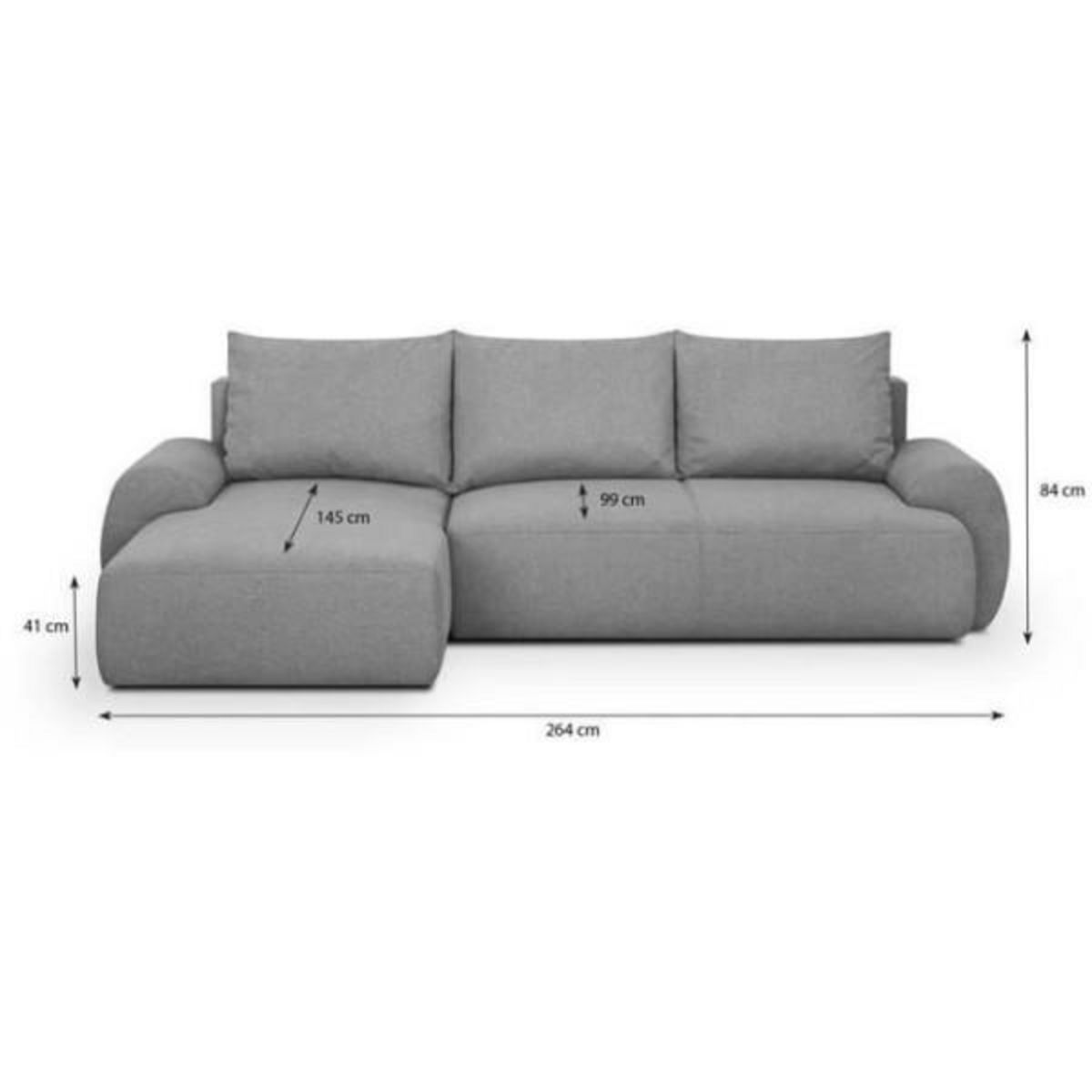 MARKET24 Canapé d'angle gauche convertible MILO 4/5 places - Tissu gris - Coffre de rangement - L 264 x H 84 x P 99/145 cm
