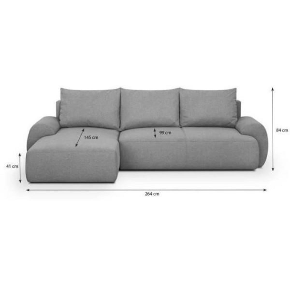 MARKET24 Canapé d'angle gauche convertible MILO 4/5 places - Tissu gris - Coffre de rangement - L 264 x H 84 x P 99/145 cm