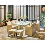 BEST MOBILIER Fira – salon de jardin encastrable en résine tressée beige - 10 places - coussins beige + housse de protection. Coloris disponibles : Beige