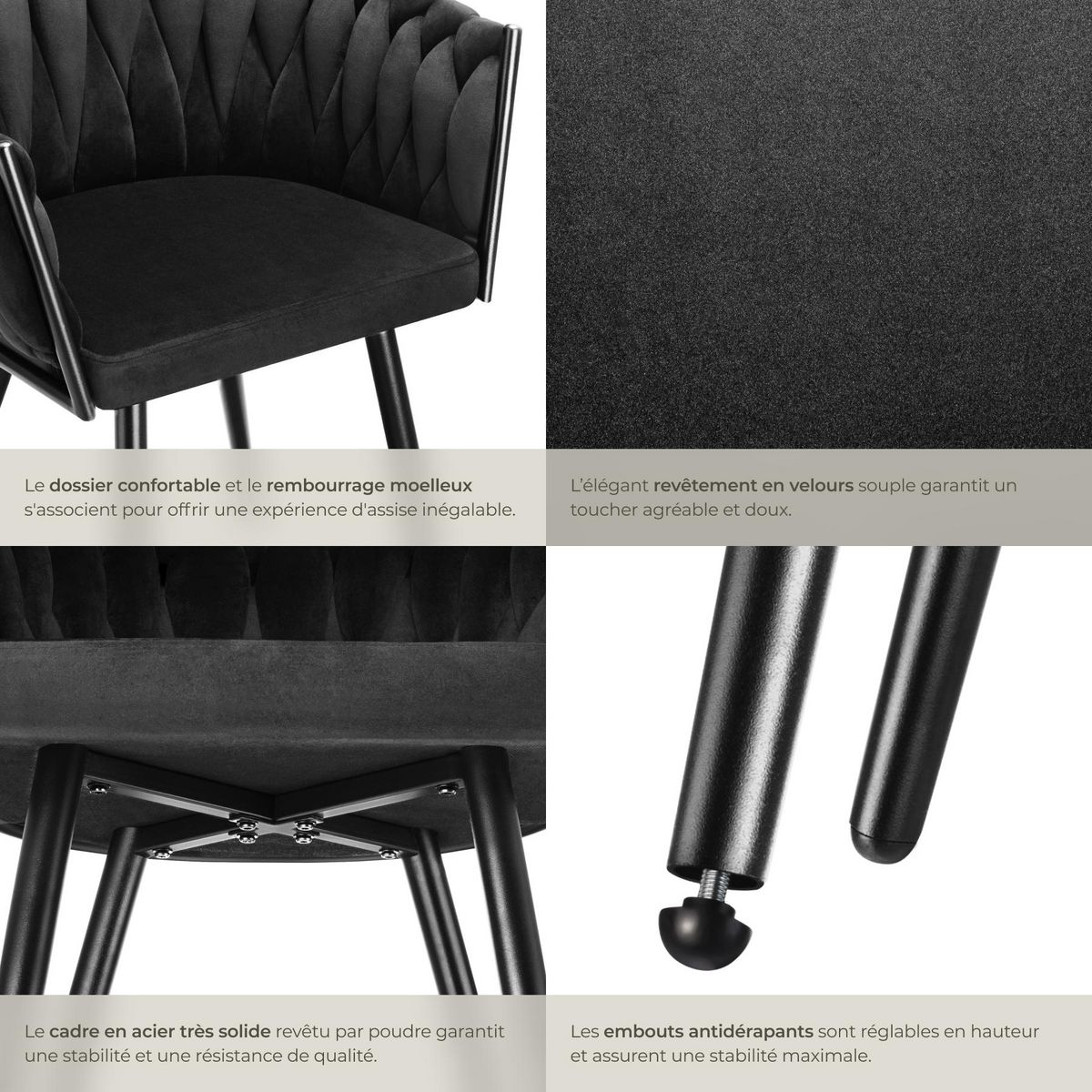 tectake Lot de chaises de salle à manger rembourrée avec revêtement en velours et design noué noir Lot de 6