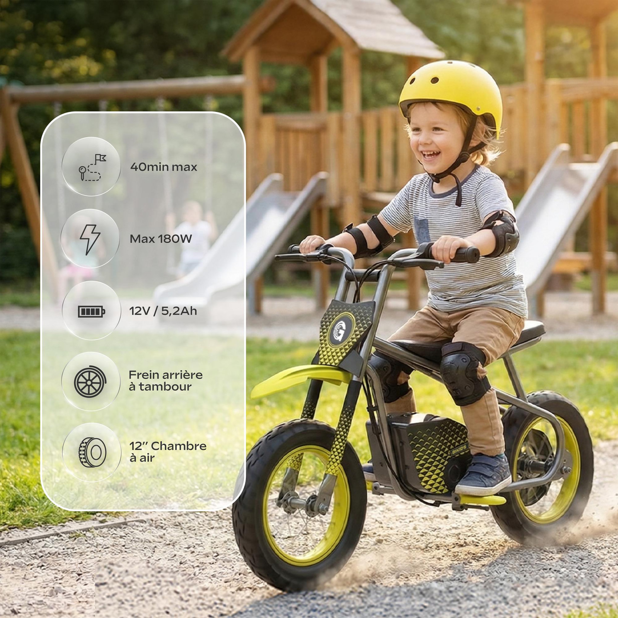 Voir la diapositive 4 : URBANGLIDE Moto électrique enfant urbanglide bikids 120 – 6 ans et + – vitesse 13km/h – autonomie 40min – pneus 12'' chambre à air – poids 11kg