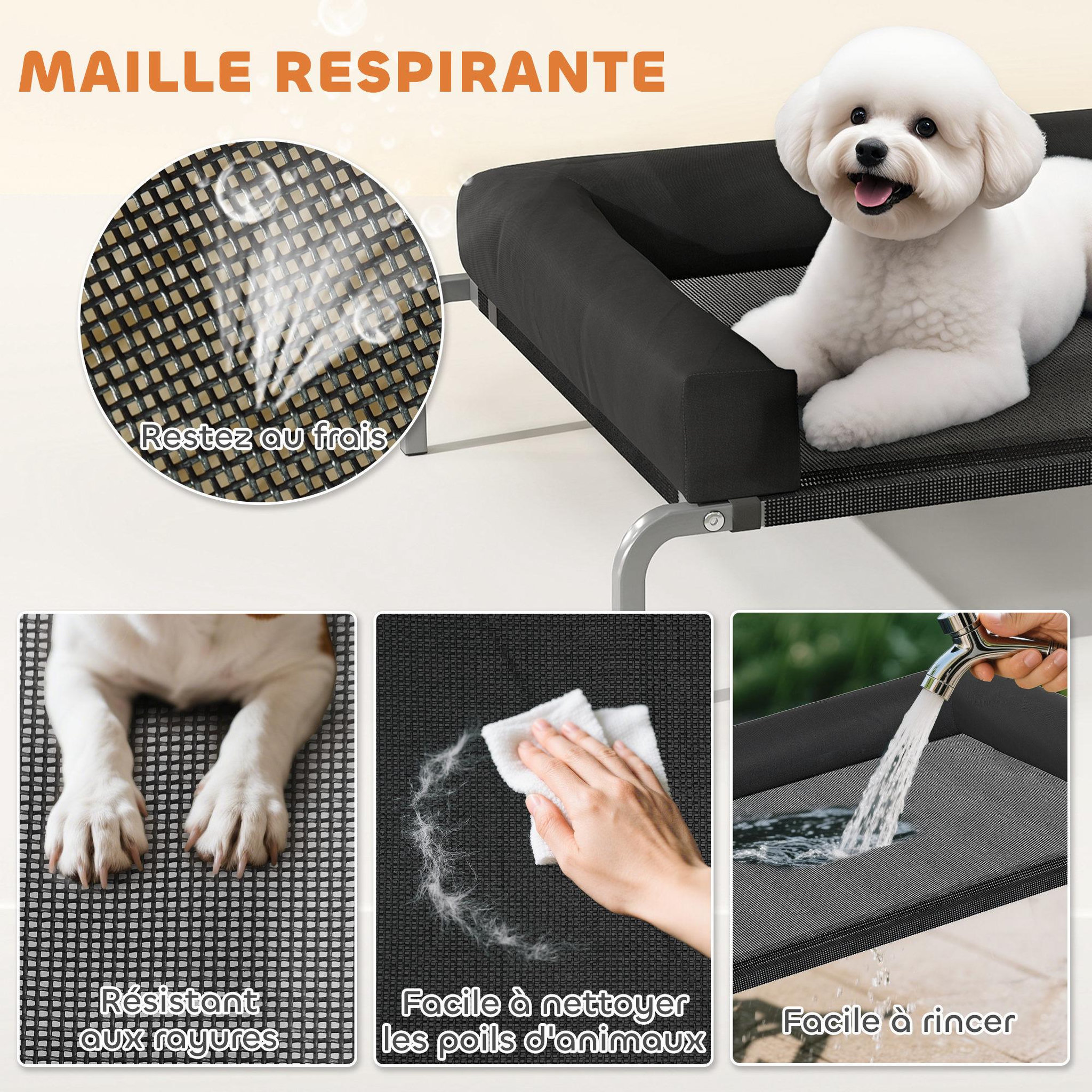 Voir la diapositive 6 : PAWHUT Transat pour animaux - lit pour chien - lit à pieds pour chien avec contour coussin dim. 90 x 65 x 30 cm - noir