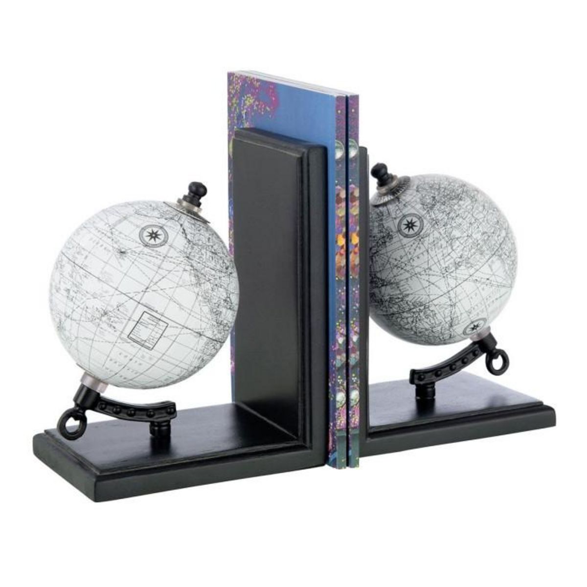 Paris Prix Lot de 2 Serre-Livres en Bois  Globe  18cm Noir & Gris